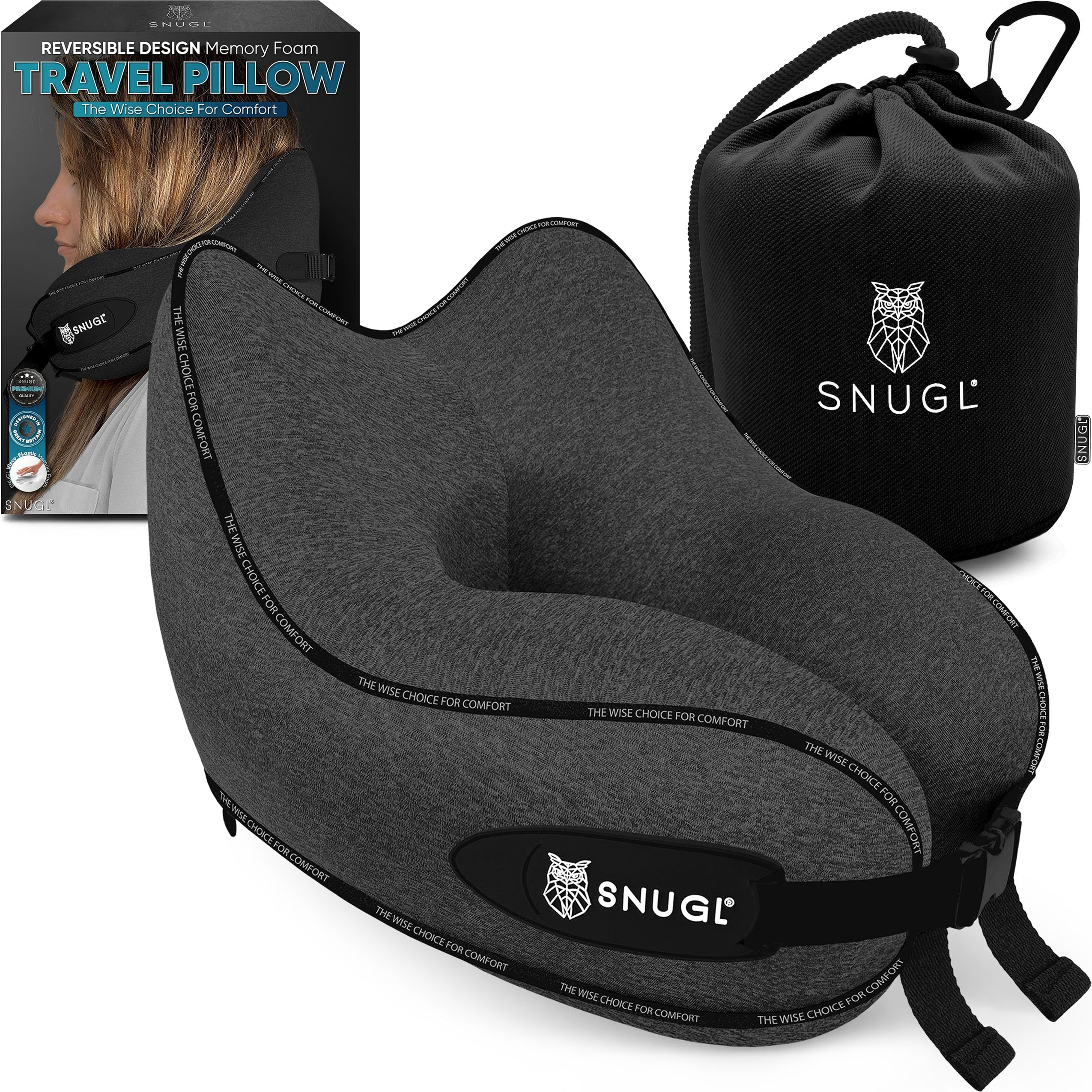 SNUGL Travel Pillow – Memory Foam Neck Pillow for Travel – Support Cushion for Airplane with Carry Bag & Clip - Holiday Essentials (Dark Grey - Adult Small)