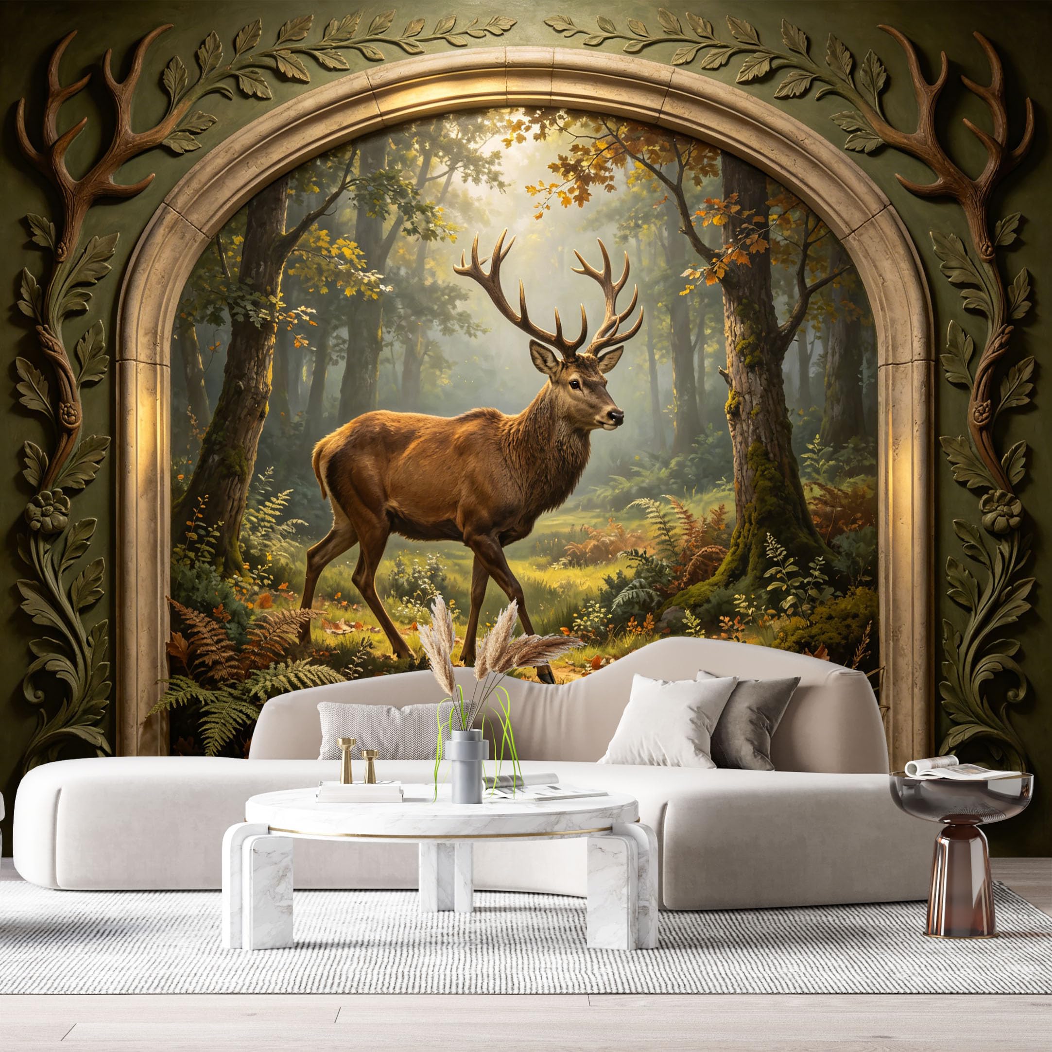 Custom Size Wall Murals Deer Forest Landscape Oil Painting 3D Trompe L'Oeil SelfAdhesiveWall Fabric Removable Wallpaper Wall Decor for Living Room Bedroom Bathroom