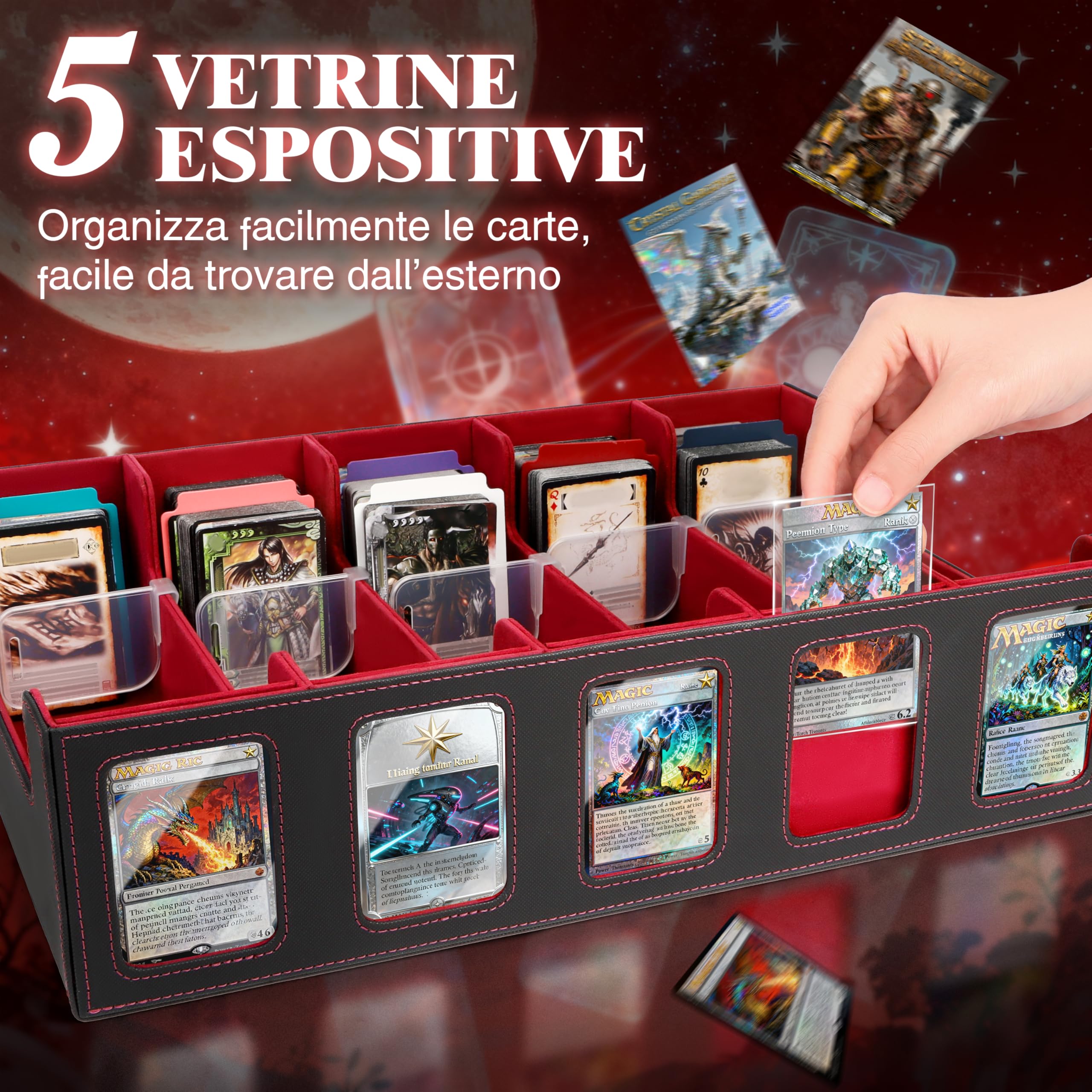 Charmofun Deck Box per Carte, Magnetic Scatola di Carte da Collezione per Oltre 2800+, Porta Deck con Pelle PU e Chiusura Magnetica, 10 Divisori per Carte, 4 Clip Divisorie (Rosso, 3000+)
