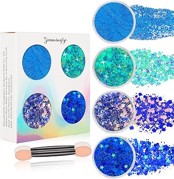 4 Jars Blue Face Hair Glitter Gel,4th of July Hair Glitter,Holographic Patriotic Royal Blue Body Glitter for Independence Day,Fourth of July Outfits for Women,Rave Festival Makeup,40g