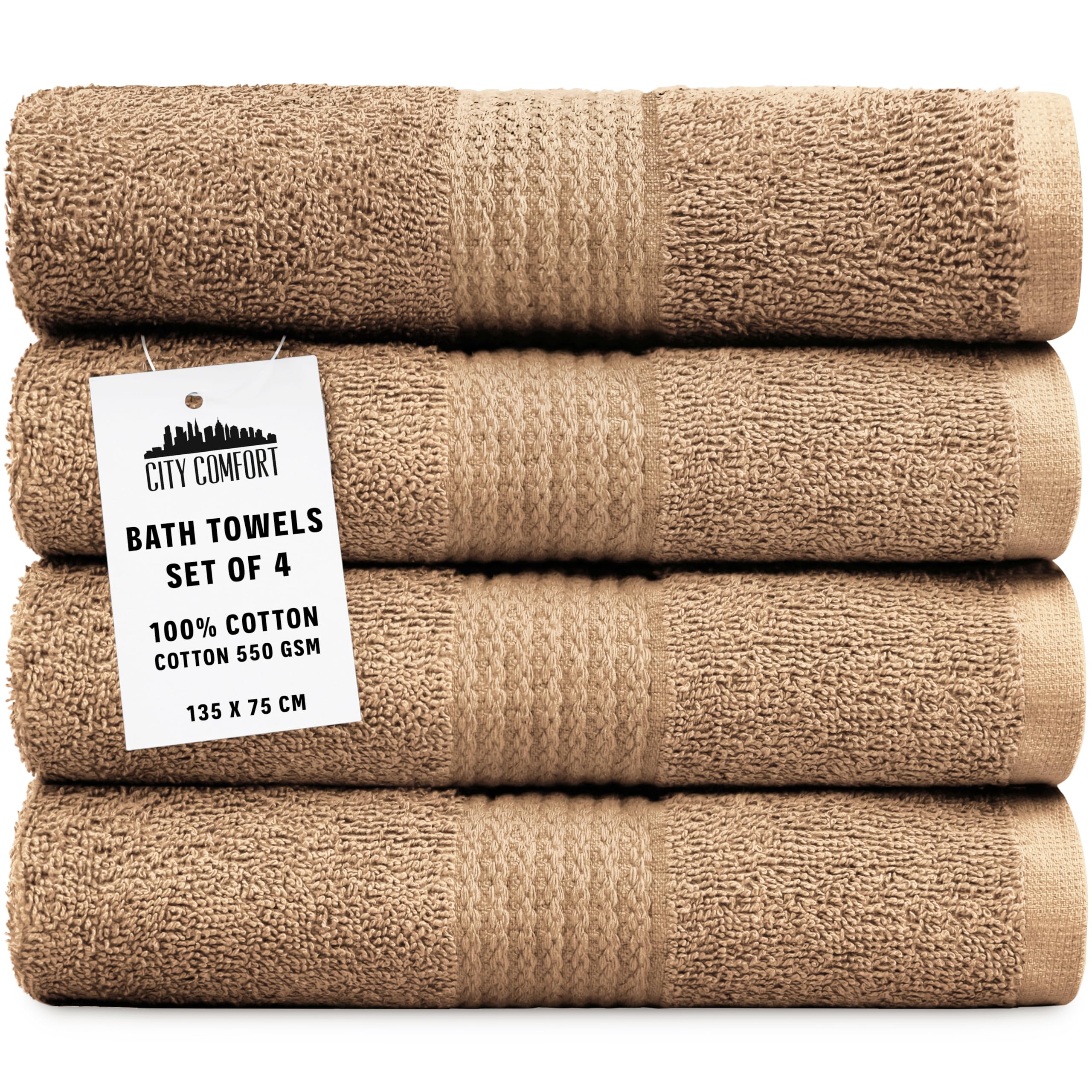 Citycomfort Brown - 4 Pack Bath Towels Set Of 4 100% Cotton 550 Gsm 75X135cm Highly Absorbent Fluffy Bathroom Towels Household Essentials (Brown - 4 Pack)
