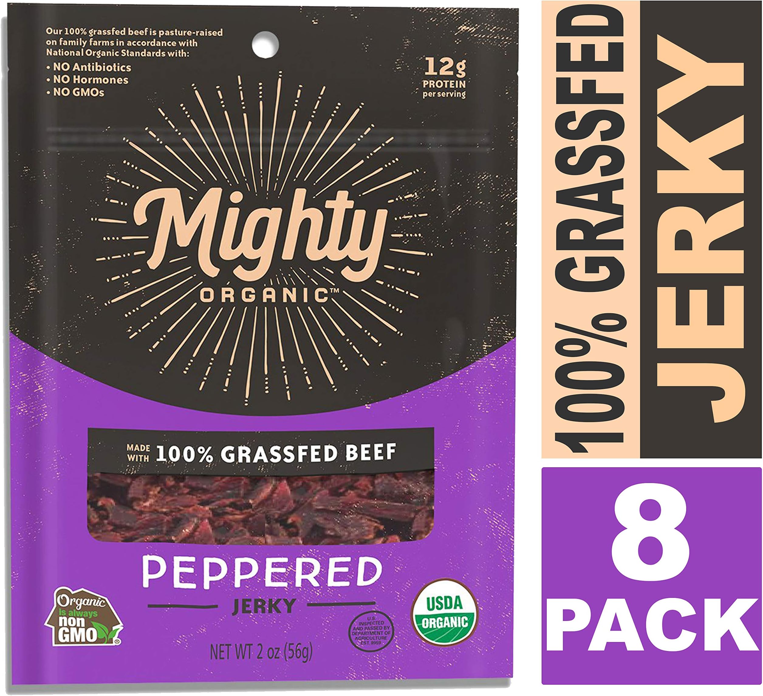 Mighty Organic 100% Grass Fed Beef Jerky, Keto Snacks, Peppered, 2oz (Pack of 8)