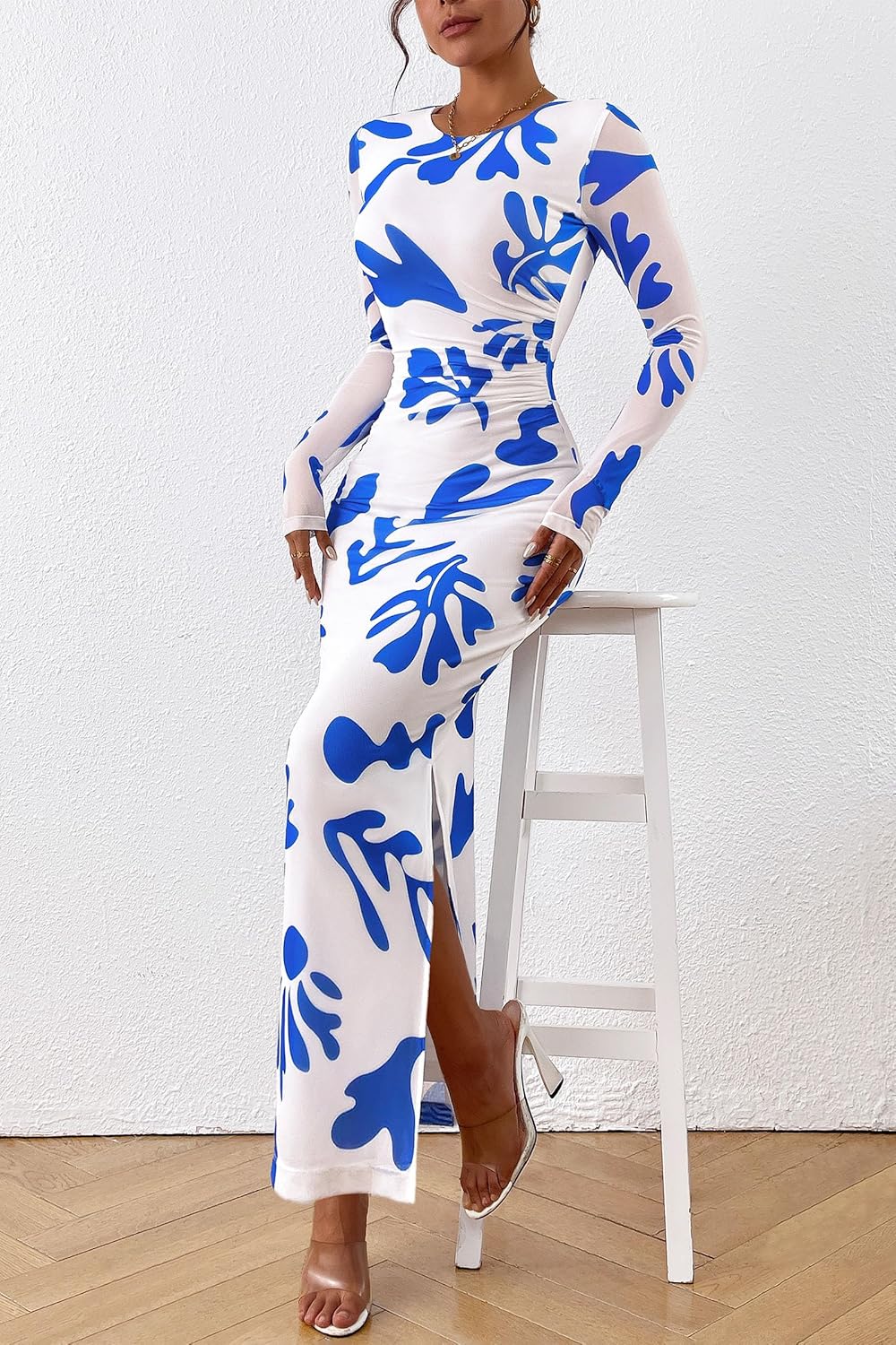 PRETTYGARDEN Women's Bodycon Maxi Dress Fall Spring Fashion Long Sleeve Floral Print Tight Fitted Party Club Ruched Dresses - Image 3