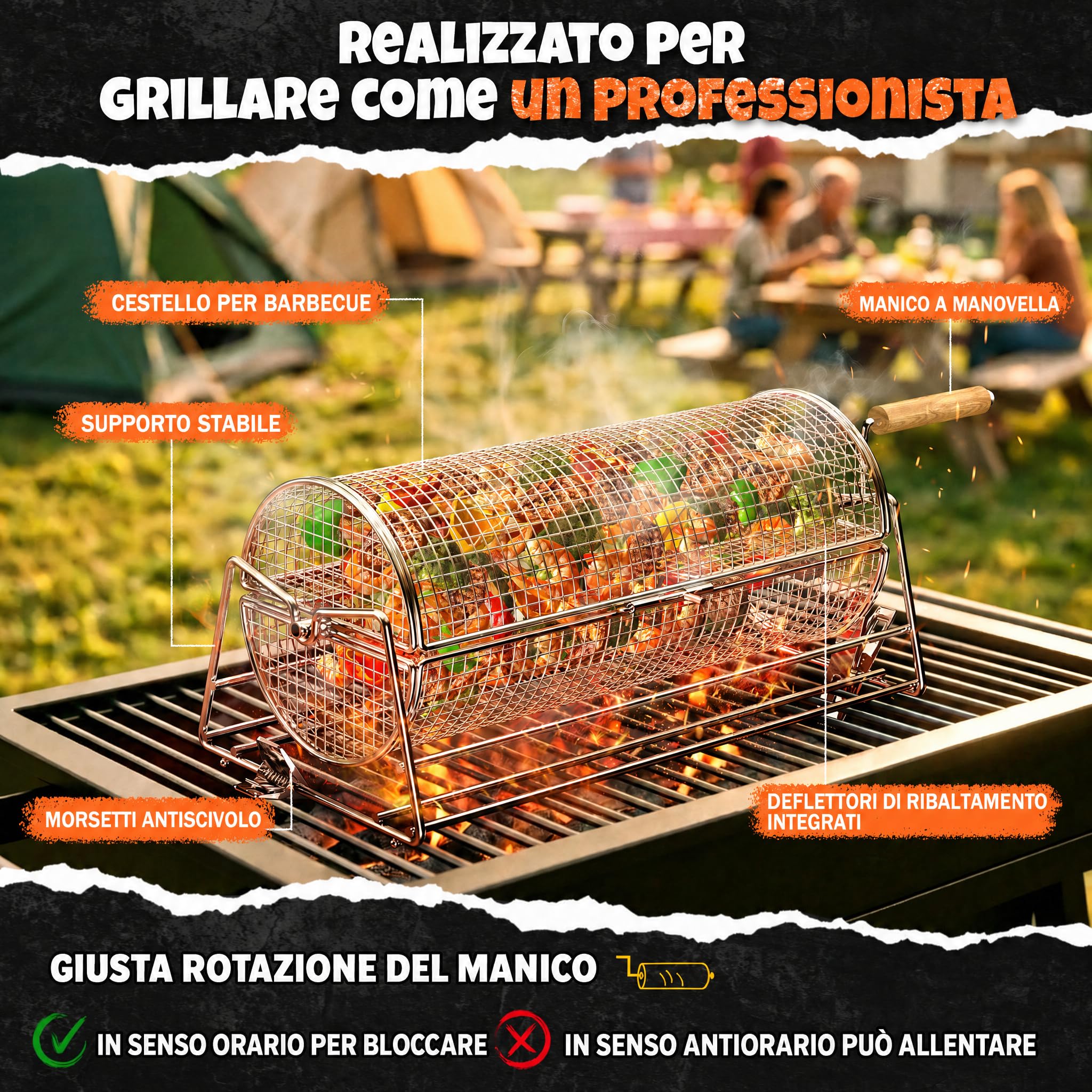 2-in-1 Cestello Barbecue Rotolabile Rotante, Acciaio Inossidabile 304 con Doppi Manici Rimovibili, Accessori per Verdure Gamberetti, Idea Regalo Uomo Papà Marito Compleanno Papà Marito Compleanno