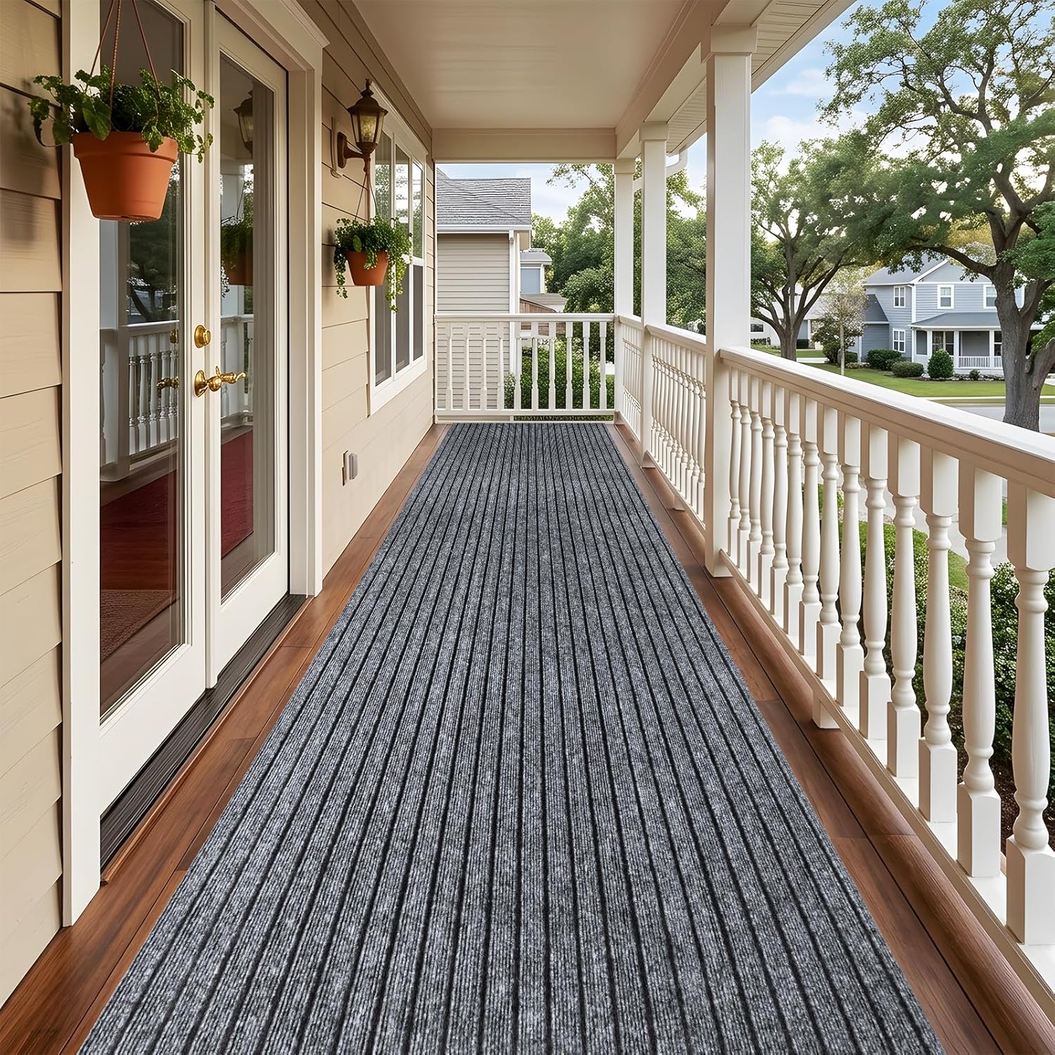Indoor Outdoor Runner Rug 2 x 6 ft, Gray Non Slip Rubber Backed Floor Runner, Low Profile Area Carpet for Hallway, Kitchen, Entryway, Balcony, Garage, Stairs & Laundry, Stripe