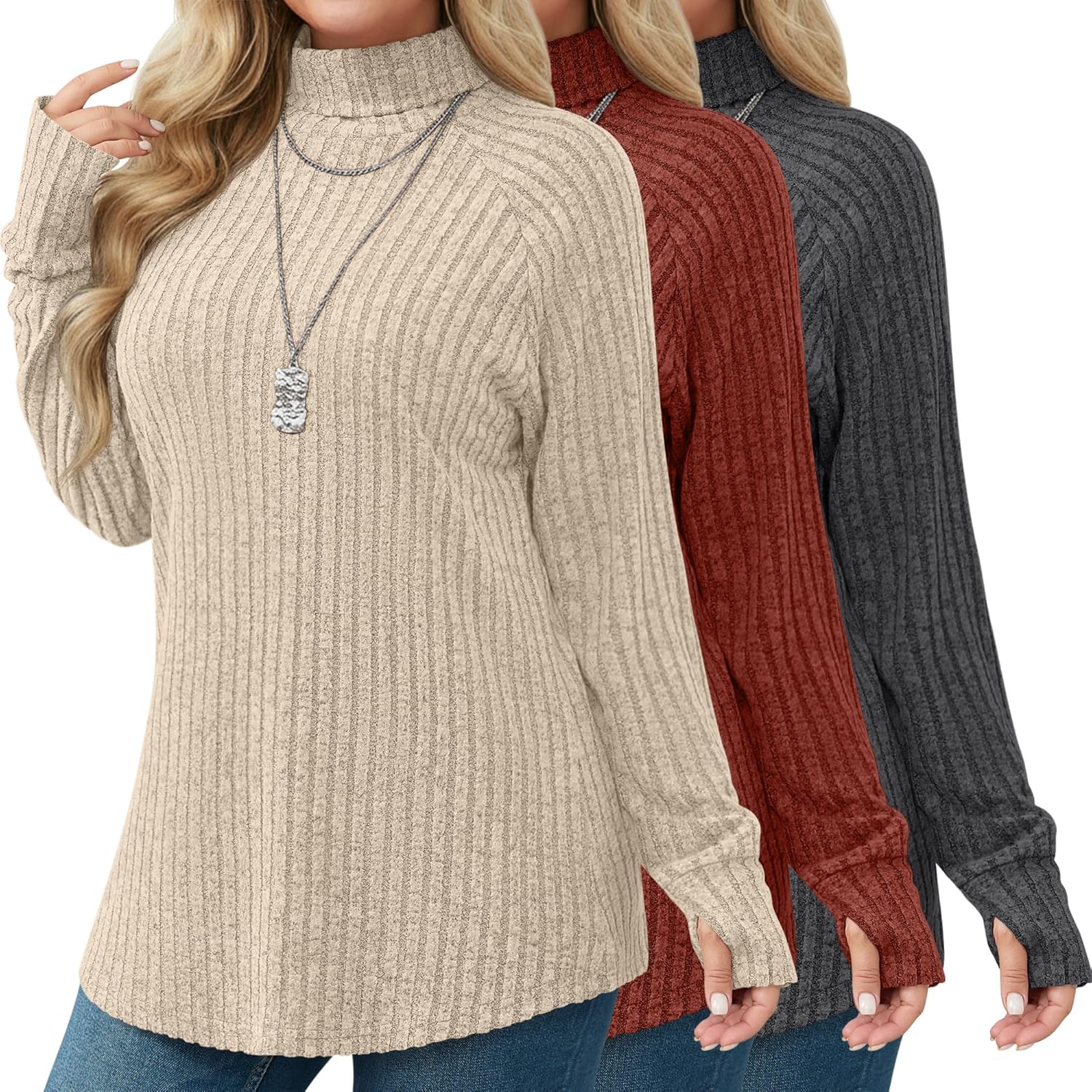 Ficerd 3 Pack Women's Plus Size Turtleneck Sweater Tunics, Long Sleeve Thumbhole Ribbed Tops Curved Hem Loose Pullover Shirts