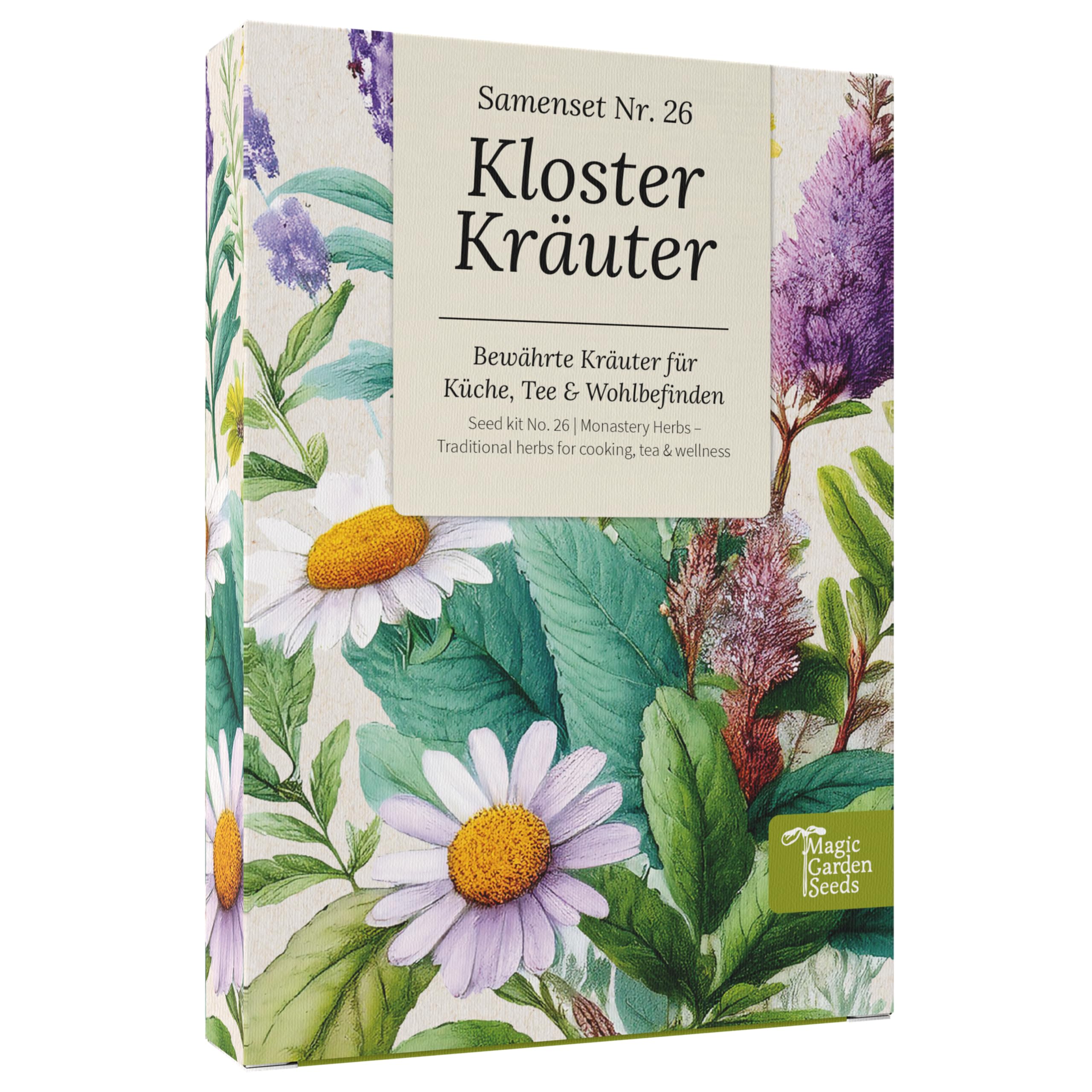 Magic Garden Seeds - Zestaw nasion "Kloster Zioła" – 9 sprawdzonych roślin leczniczych do domowej apteczki i ziół do herbaty – rumianek, ziele dziurawca, szałwia, tymianek i wiele innych – pudełko na