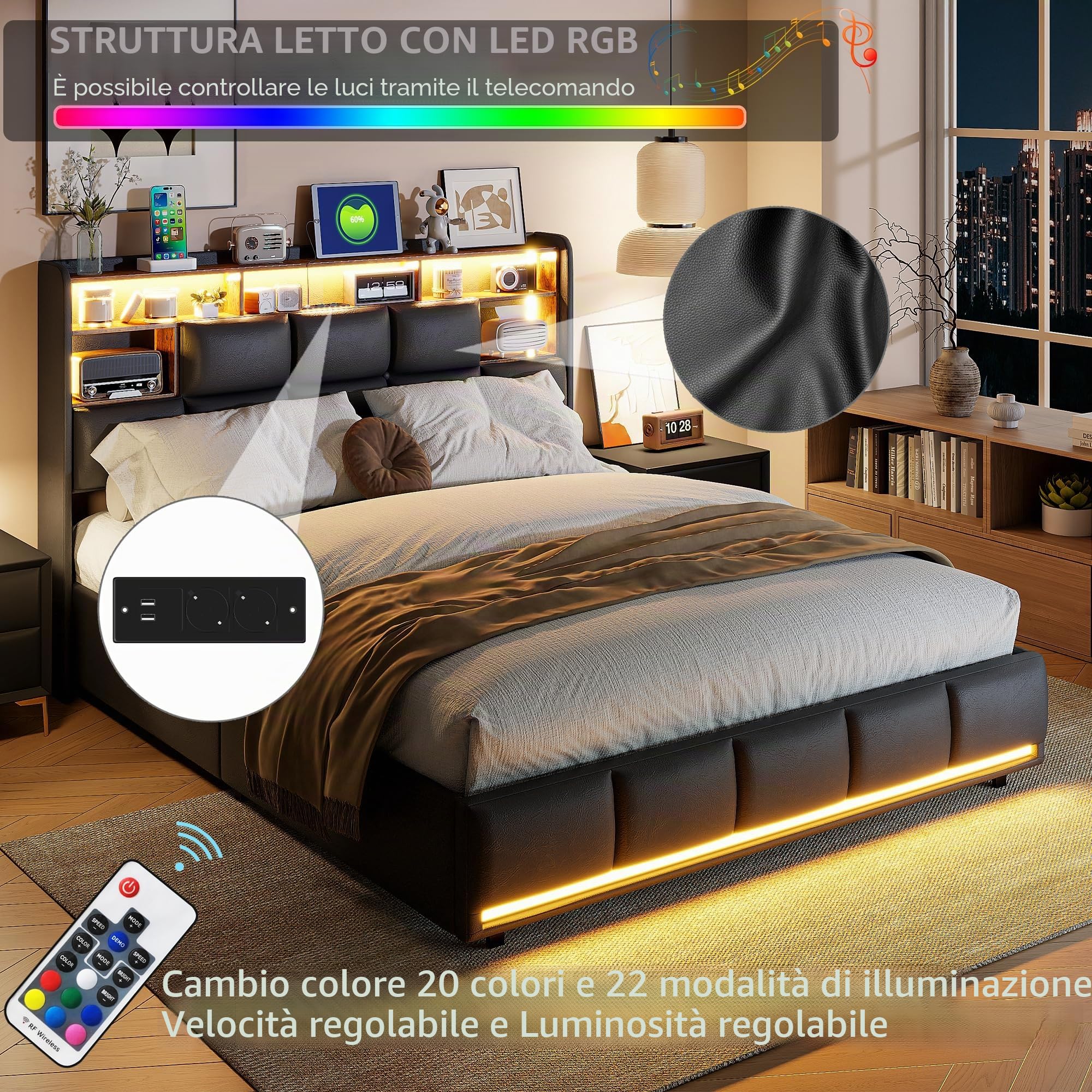 Letto matrimoniale 140 x 200 cm con LED RGB, contenitore sollevatore a gas e porte USB, struttura a doghe in legno rinforzato, testiera imbottita in poliuretano nero, non necessita di molle