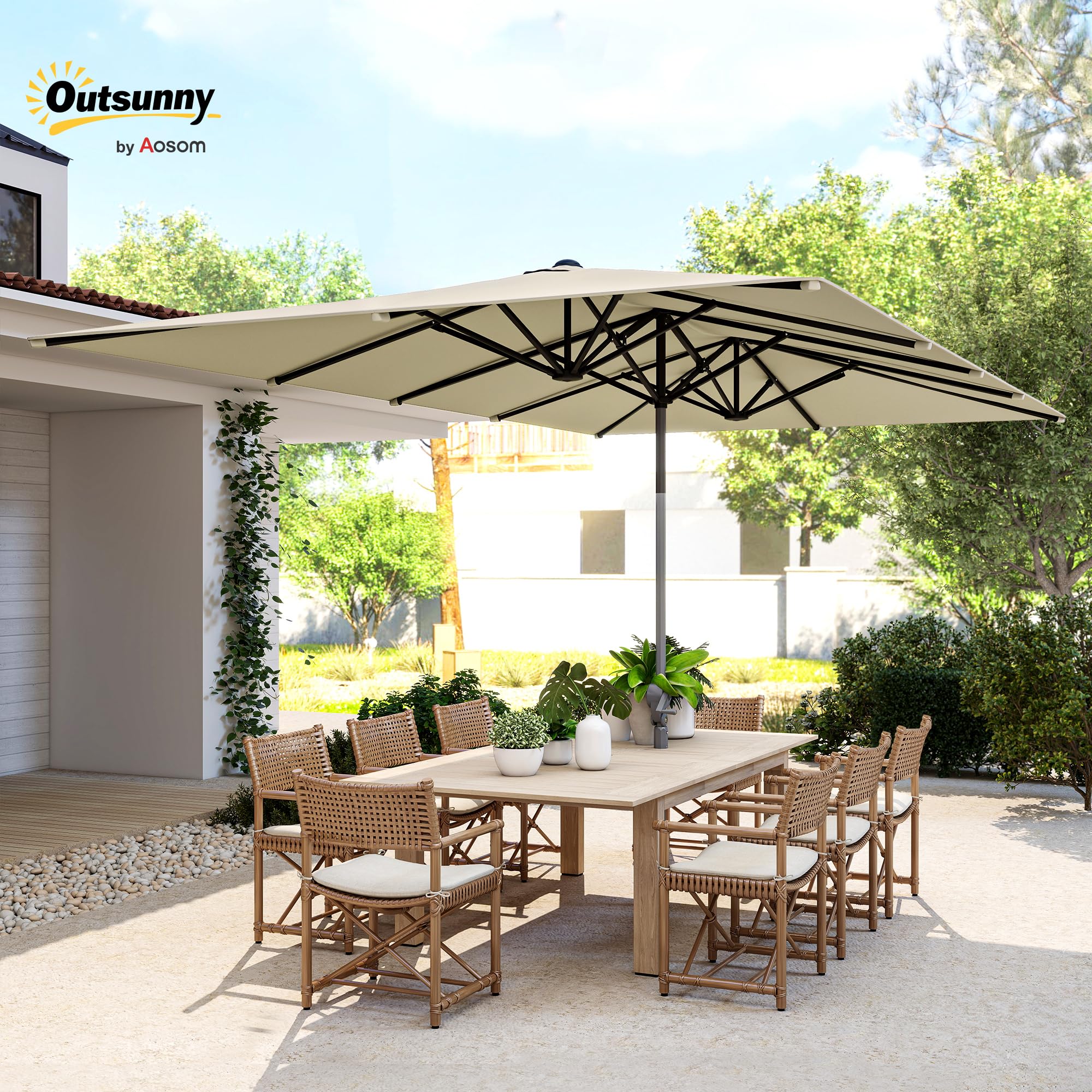 Outsunny Sombrilla Doble 4,5x2,6 m con Poste de Aluminio y Manivela Crema | Impermeable, Protección UV50+, Sombrilla Jardín Exterior, Parasol Grande para Playa Piscina Terraza