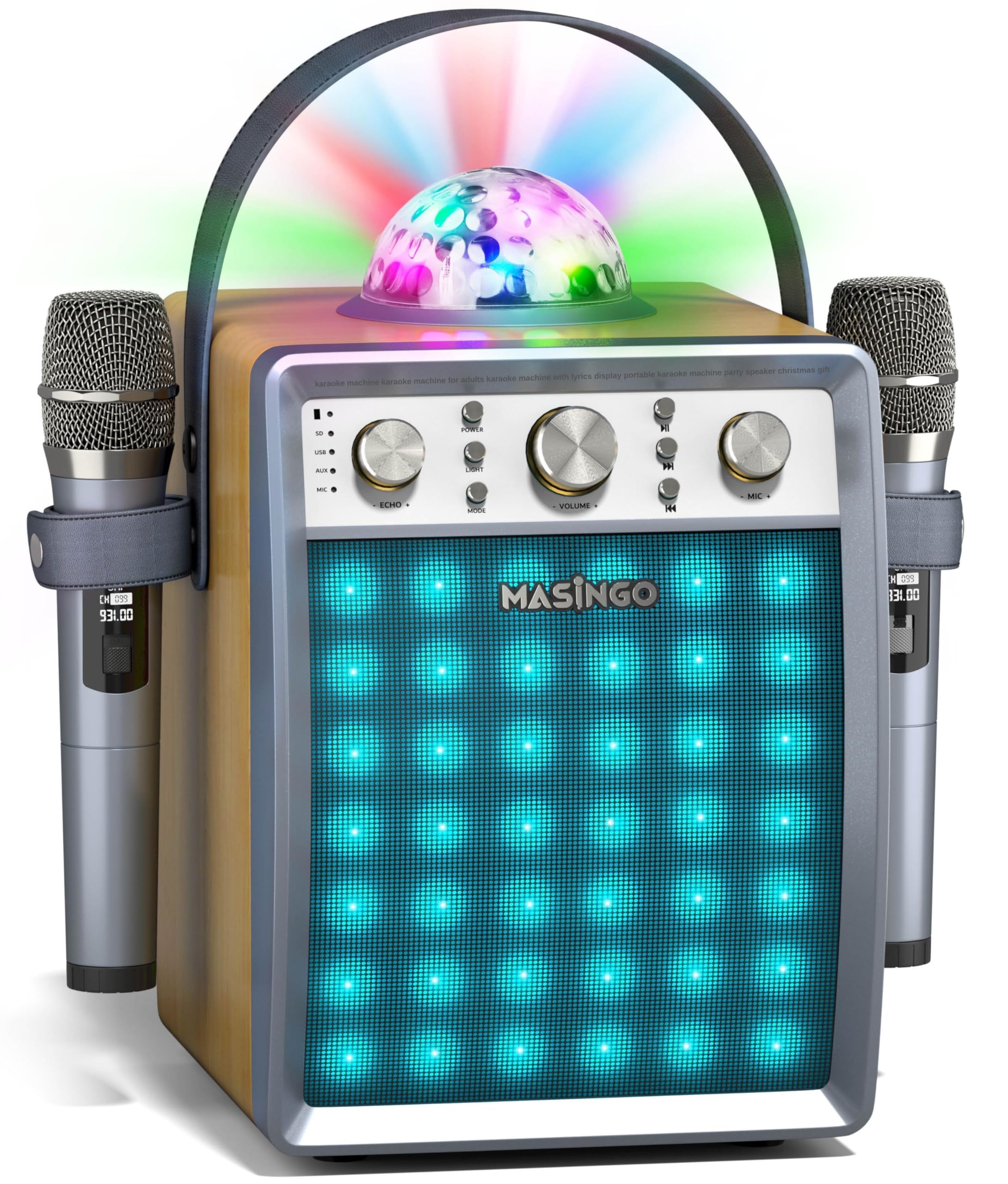 MASINGO Karaoke Machine for Adults and Kids with 2 Wireless Microphones, Portable Singing PA Speaker System Set with Disco Ball Party Lights & TV Cable, Ostinato M7