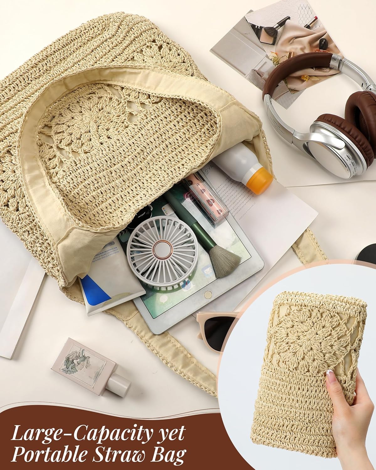 Beach Bag, Straw Beach Bags for Women, Floral Designed Beach Tote Lightweight Foldable Straw Bag