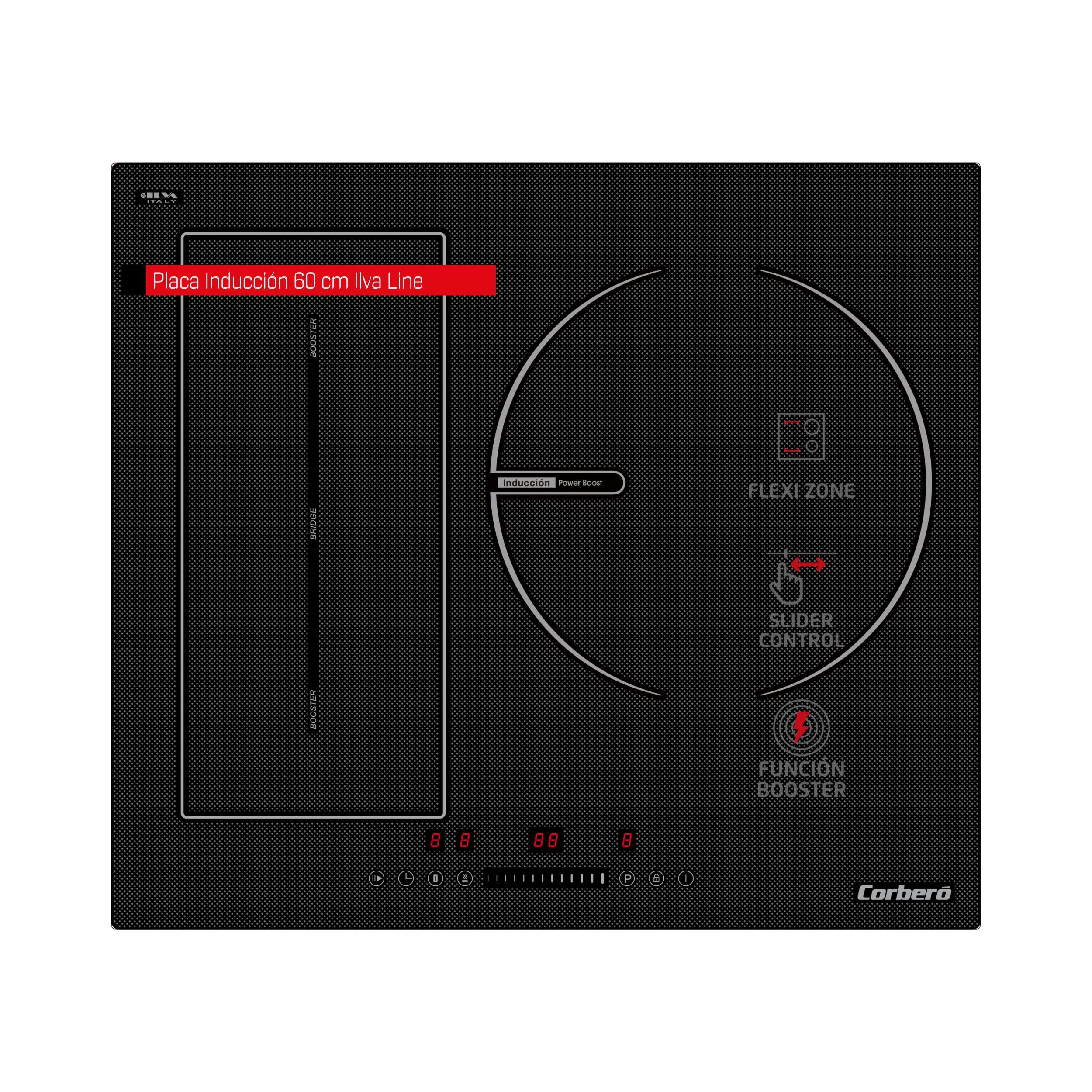 Corberó - Induction Plate 3 Zones | CCIG3BL723FLEX | 7200 W | Flexi Zone | Pause and Keep Warm | Touch Control | 3 Boosters | Slider | Large Zone 30 Cms | Timer 99 Min | Automatic Security