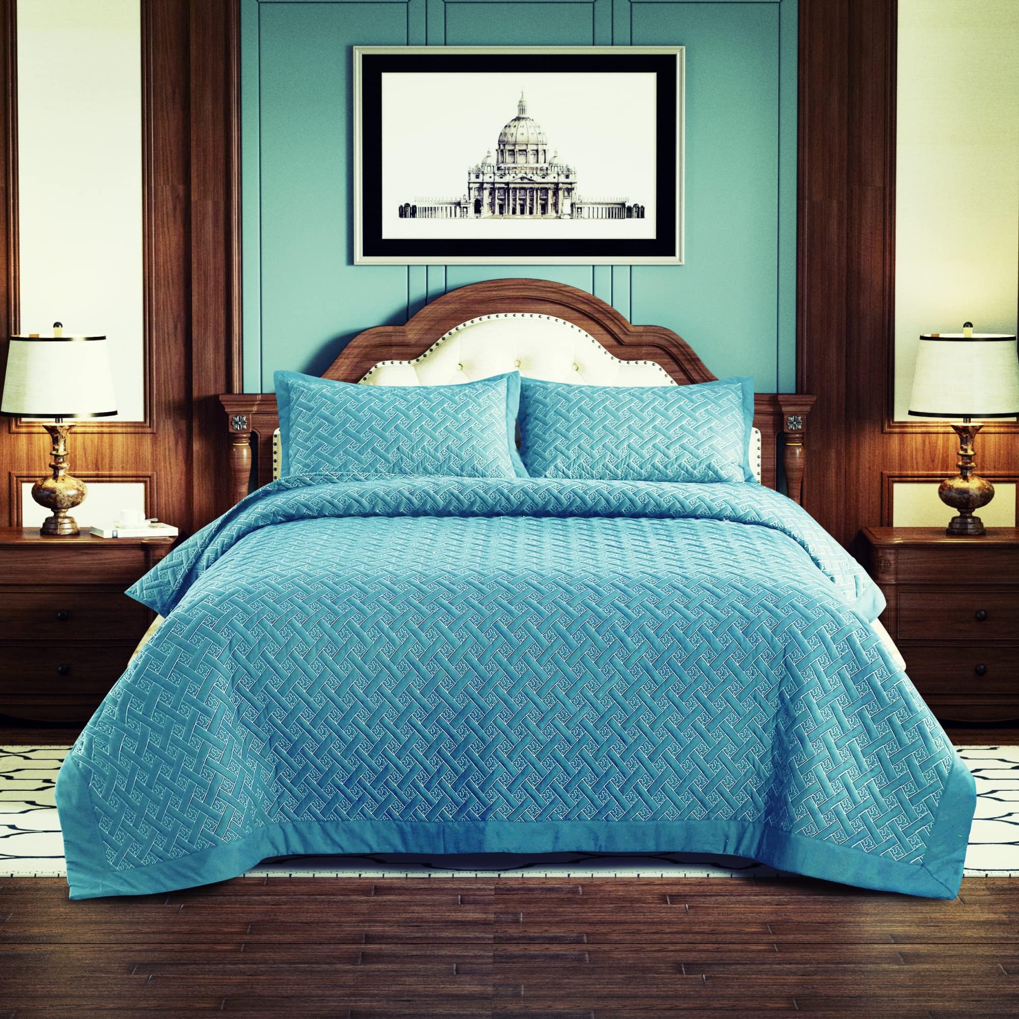RUIZIXIN Embroidery Bedspread Quilt Queen Microfiber Comforter Set Reversible Coverlet Soft Bed Collection Lightweight Bedcover for All Season 3Piece(1Quilt,2Pillowcase)