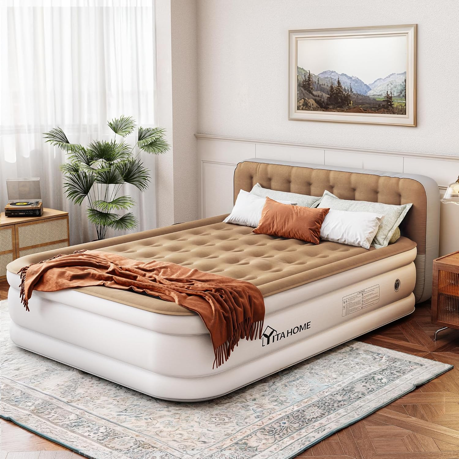 YITAHOME Queen Size Air Mattress with Pump and Headboard, 18in Luxury Flocked Top Blow up Mattress, Durable Inflatable Mattress for Home & Guest, Brown AirBed