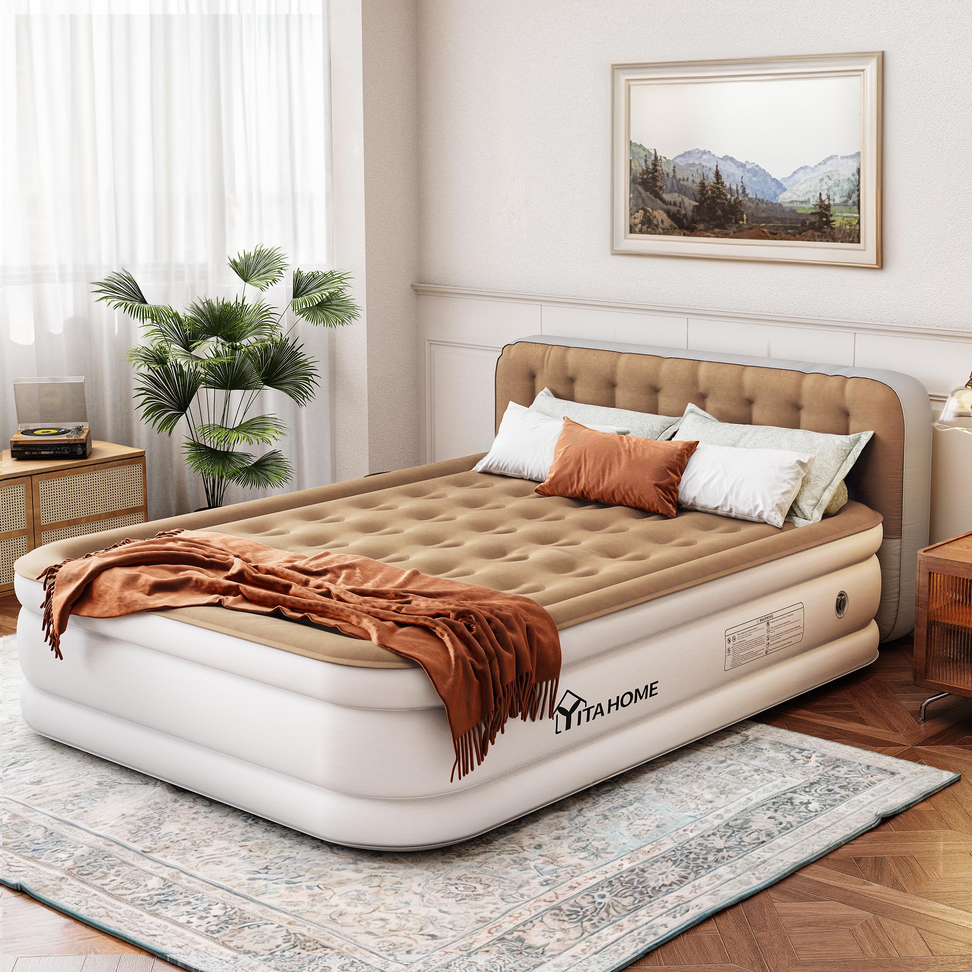 Photo 1 of YITAHOME Queen Size Air Mattress with Pump and Headboard, 18in Luxury Flocked Top Blow up Mattress, Durable Inflatable Mattress for Home & Guest, Brown AirBed