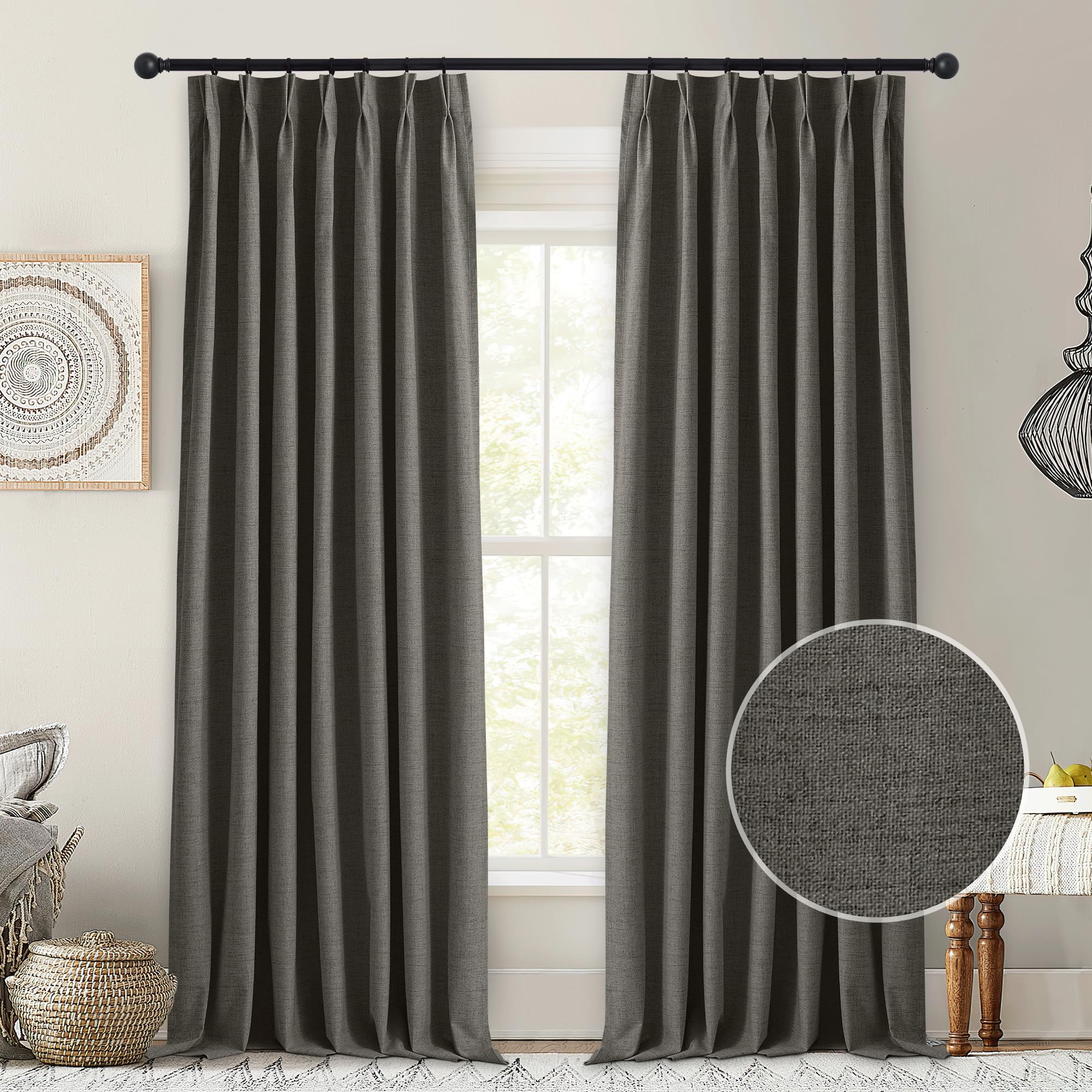 StangH 100% Blackout Curtains for Bedroom, Pinch Pleated Faux Linen Curtains 96 inches Long Energy Efficient Window Drapes for Living Room/Theater,