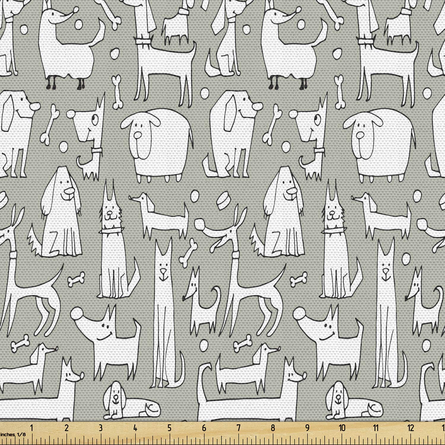 Lunarable Dog Bone Fabric by The Yard, Composition of Doodle Dog Print with Labrador Hound Pug Dachshund Breeds, Decorative Fabric for Upholstery and Home Accents, 2 Yards, White Green