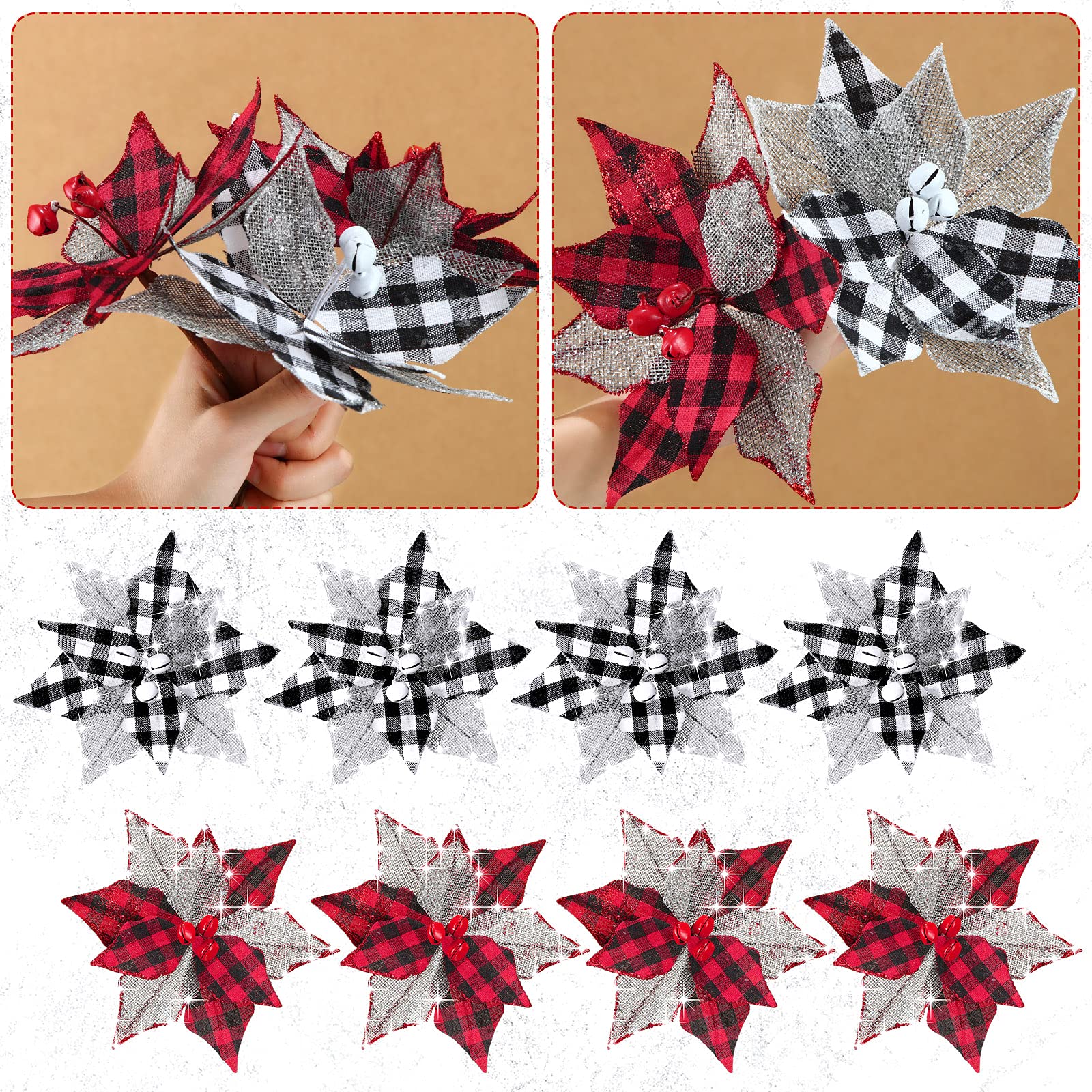 Poinsettias artificiels de Noël à carreaux rustiques pour décoration sapin de Noël et couronne