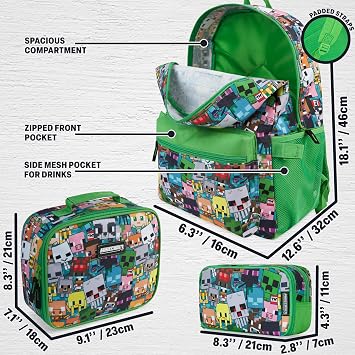 Get Trend Minecraft Boys Backpack Set, 3 Piece School Bag with Insulated Lunch Bag & Pencil Case, Travel Sports Day Rucksack, School Supplies, Gamer Gifts for Kids & Teens (Green/Multi Minecraft)