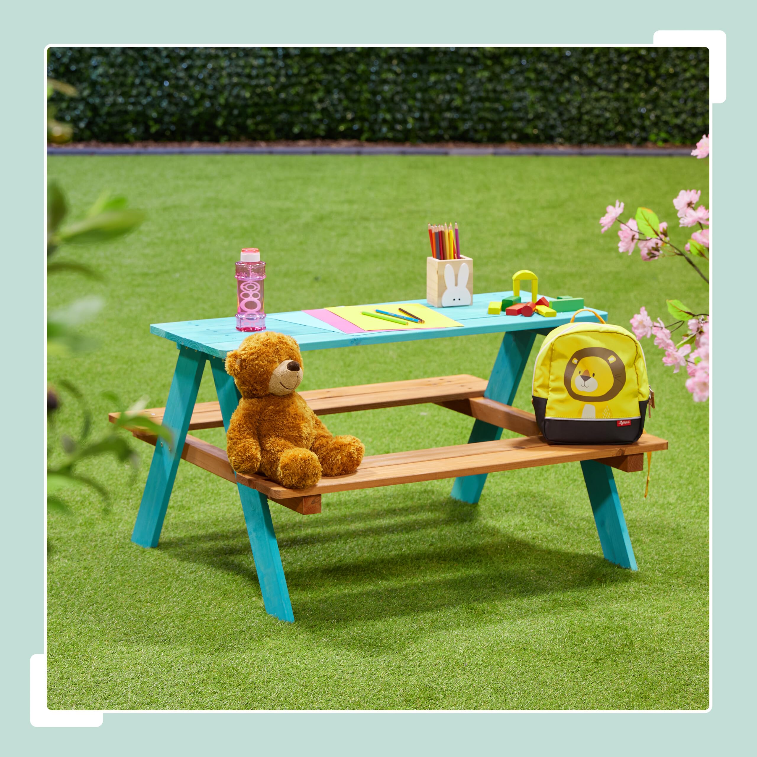 Relaxdays Tavolino da Bambini con Panche da Esterno, Tavolo da Picnic Giardino, 4 Posti, 51x90x78cm, Legno Naturale, Blu