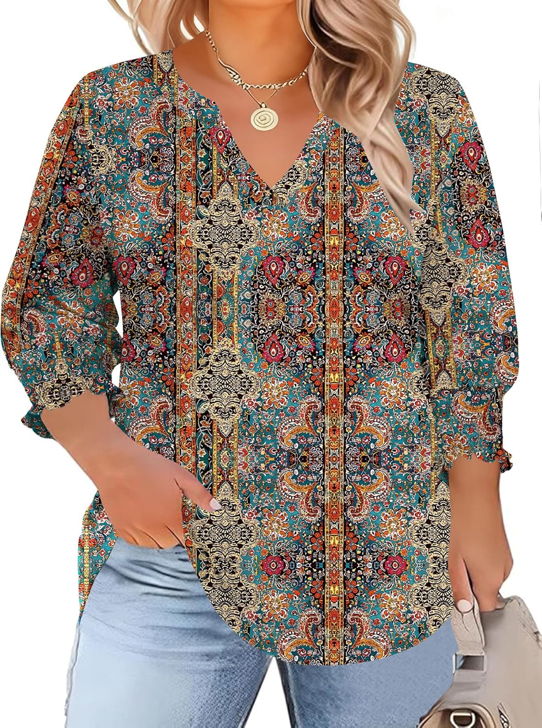 TFSDOD Womens Plus Size Tops 3/4 Sleeve Blouses Summer V Neck Shirts Smocked Cuffs Spring Outfits 1X-5X