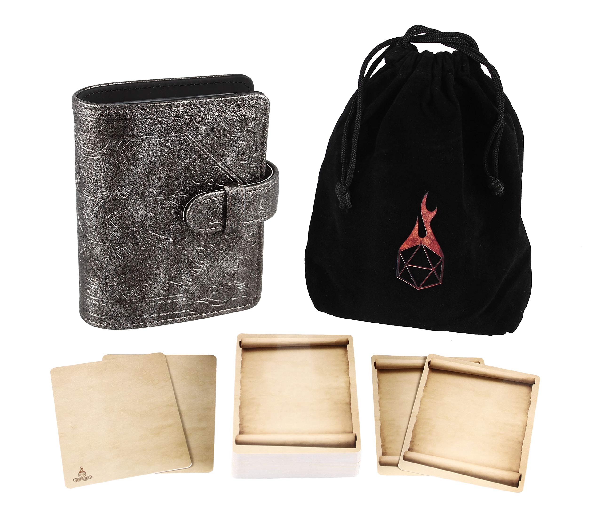 Forged Dice Co. Spellbook of Incantations (Dice Edition) Spellbook Card Holder & Deck of Dry Erase Cards with Velvet Storage Bag - Storage for D&D Spell Book Monster Magic Item Cards