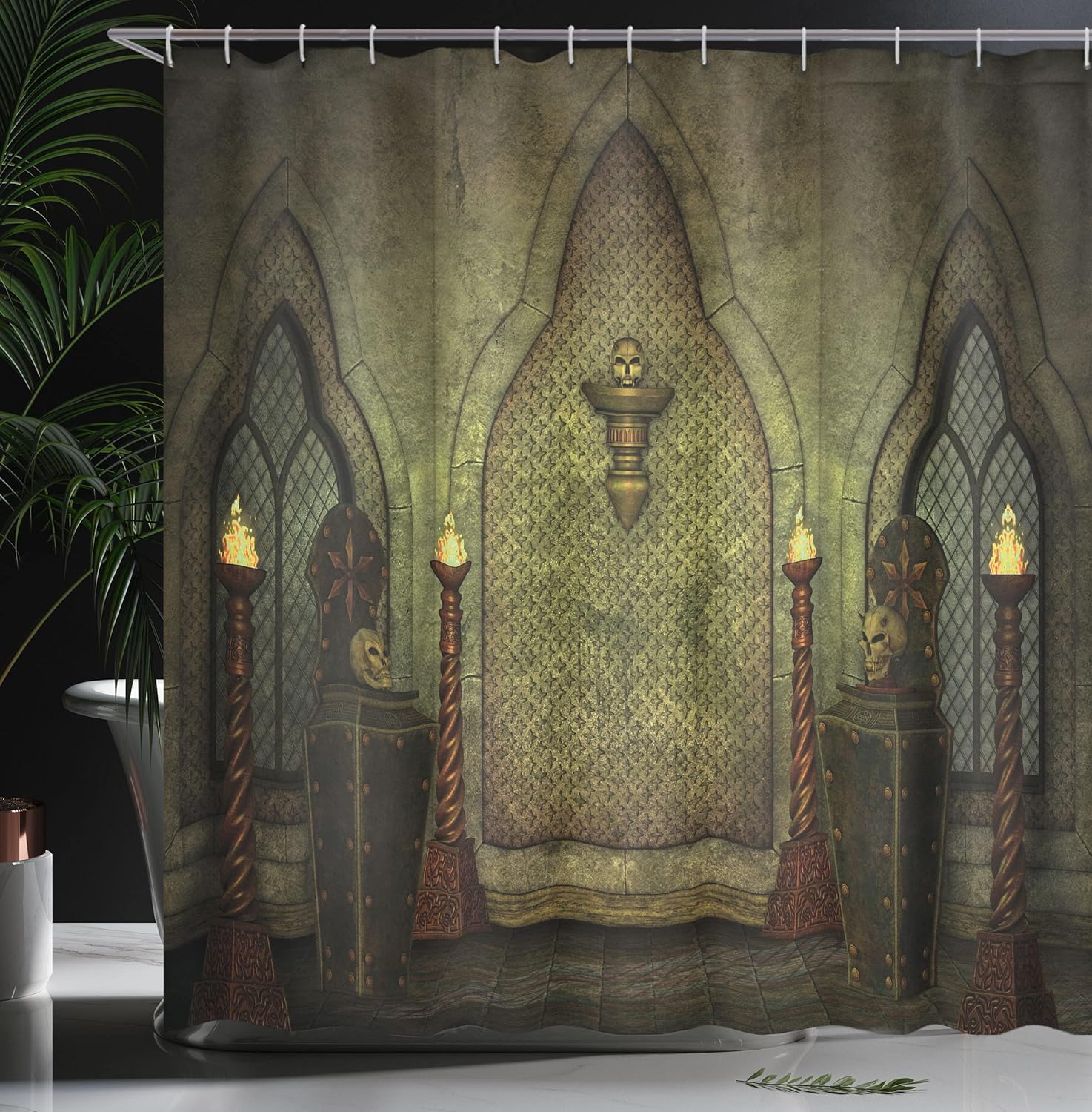 Ambesonne Gothic Shower Curtain, Fantasy Scene with Old Fashioned Wooden Torch and Skull Candlesticks in Dark Spooky Room, Cloth Fabric Bathroom Decor Set with Hooks, 69" W x 70" L, Brown