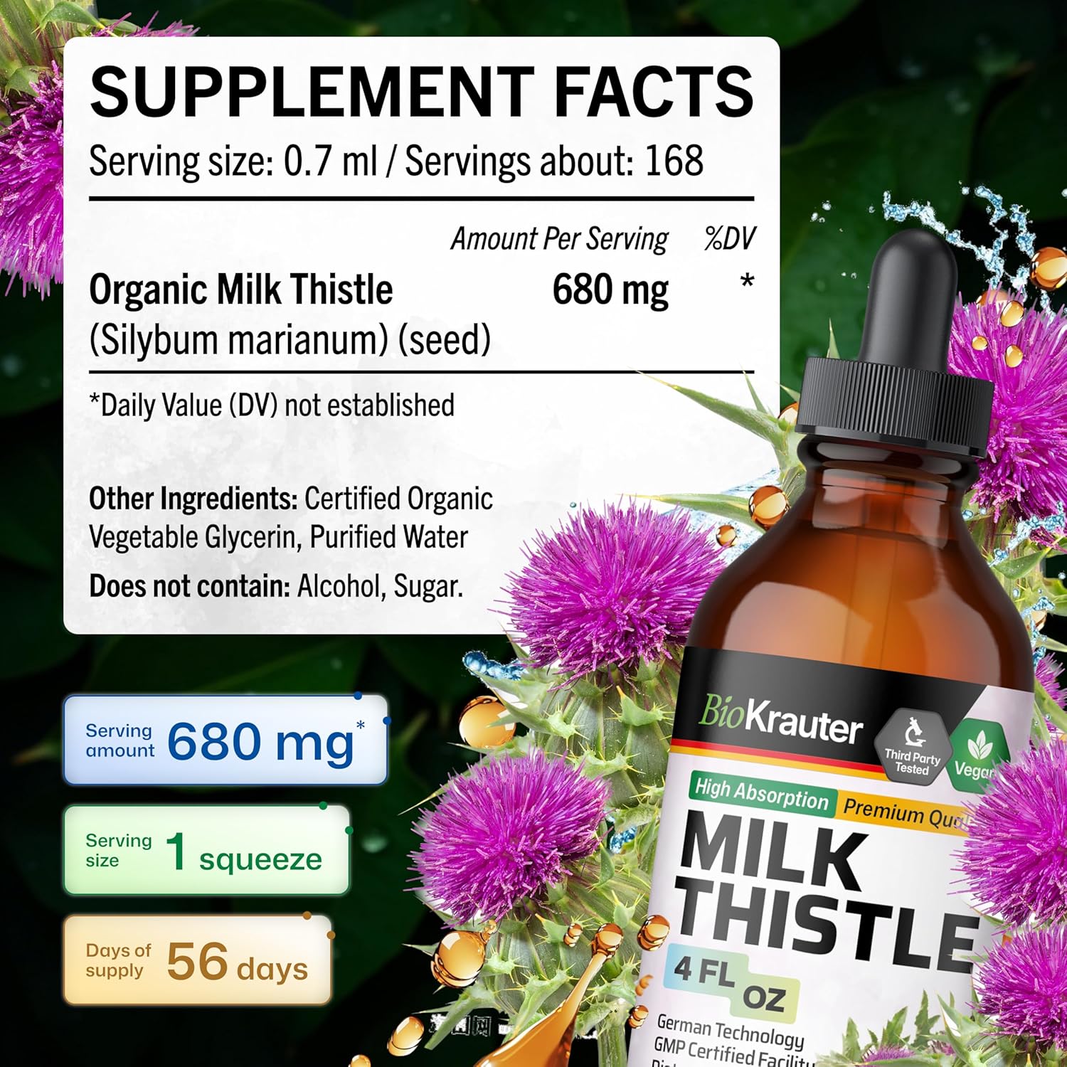 BIO KRAUTER® Milk Thistle Supplement - Liquid Pure Vegan Milk Thistle Extract 680 mg per Serving 4 Fl.Oz 56 Days of Supply - Liver Cleanse & Detox, Сontains Silymarin - Alcohol & Sugar Free - Image 3