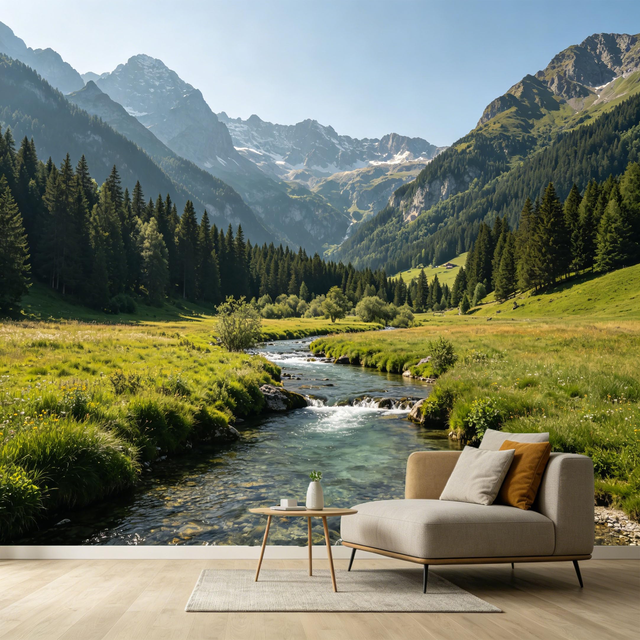 Custom Size Wall Murals Alpine Valley Mountain Lake Stream Landscape SelfAdhesive Wall Fabric Removable Large Wallpaper for Photo Living Room Interior Wall Decor