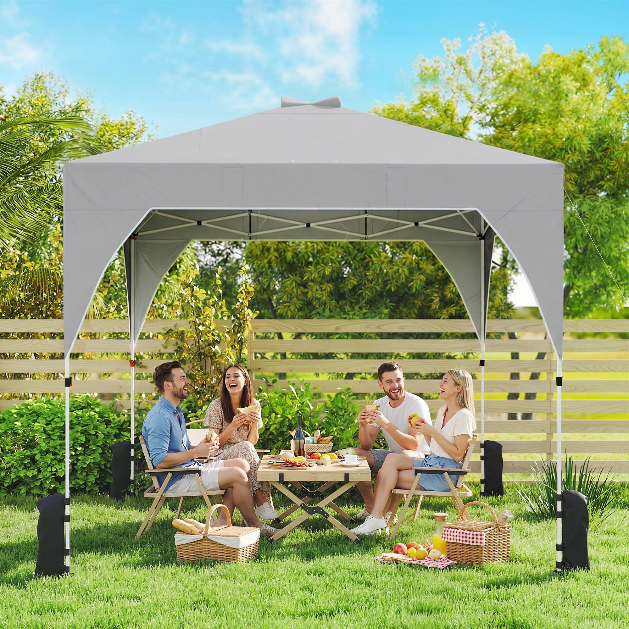 Outsunny Gazebo Pieghevole 3x3m Pop Up con Pulsante Centrale Grigio Scuro | Facile da Montare, Gazebo da Giardino, Altezza Regolabile, Prese d'Aria, Sacchi di Sabbia, Borsa, UV50+, Feste Esterno