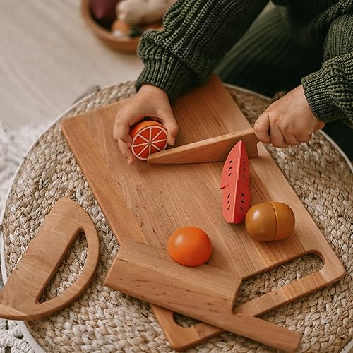 Miniatura 8 de Juego de corte de madera seguro para niños, tabla de cortar personalizada con cuchillo Montessori para niños pequeños, utensilios de madera cortador