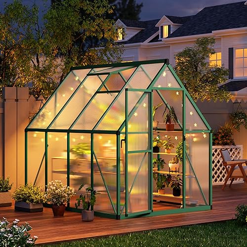 CABIHOME 6x7 FT Outdoor Greenhouse, Polycarbonate Greenhouse with Roof Vent and Ground Nails, Aluminum Large Walk-in Green House w/ Lockable Push Door for Outside Garden Backyard (Green, 6x7 FT)