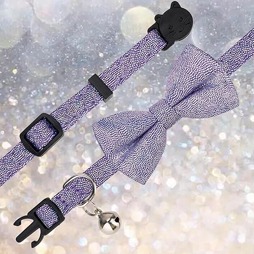 Miniatura 2 de Gyapet Collar de gato con pajarita brillante para gatos, campanilla, fiesta, boda, festivo, 7-11 pulgadas, niña y niño, morado taro