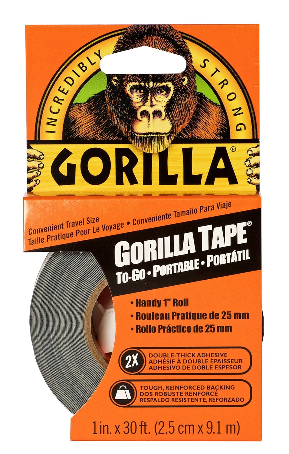 Gorilla Tape To-Go, Double Thick Adhesive, Weather Resistant Shell, Reinforced Backing, Travel Size Roll, Black, 1in x 30ft (2.5cm x 9.14m) Pack of 1