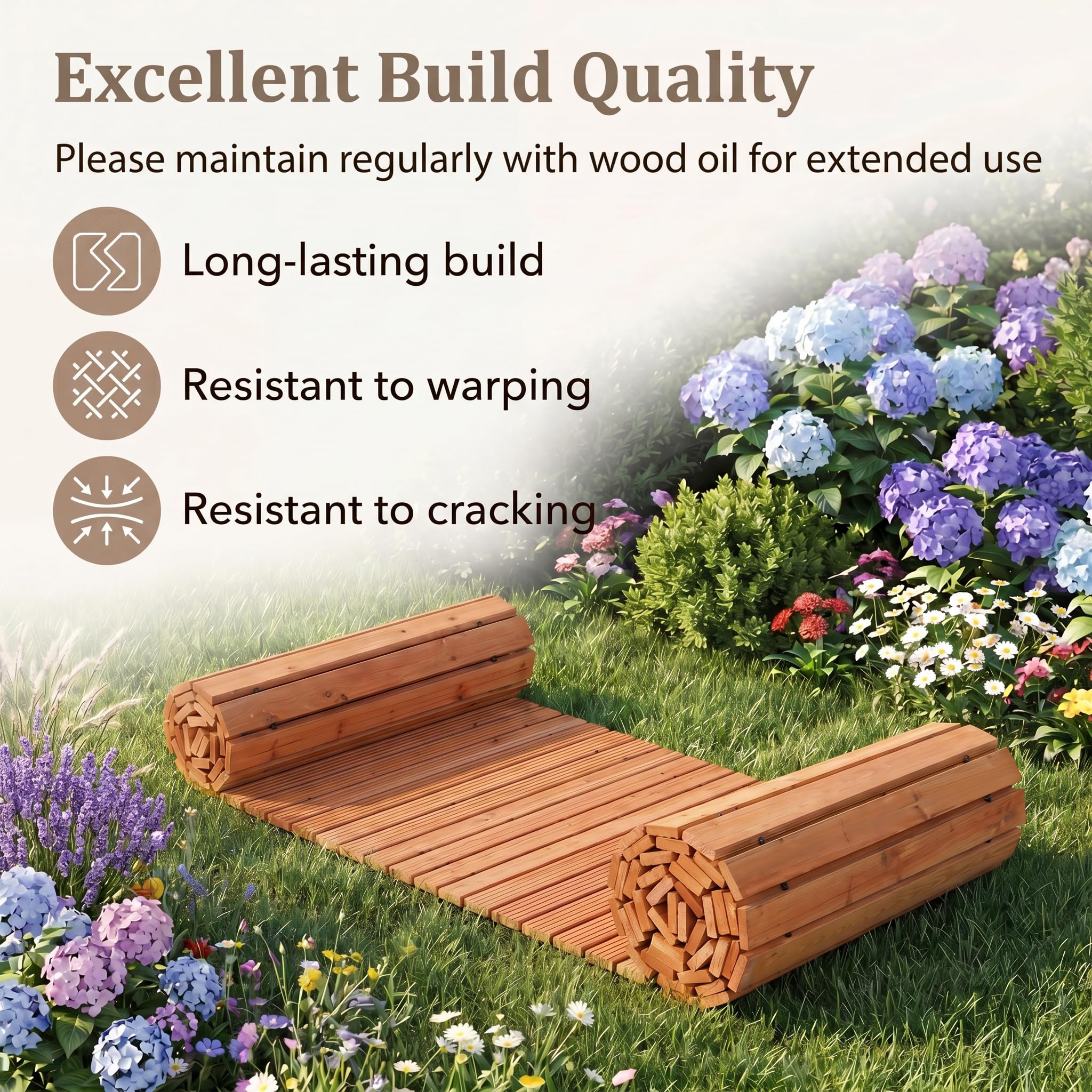 HOMASIS Passerella per Giardino Arrotolabile, Sentiero da Prato in Legno di Abete a Doghe Resistente, Percorso con Superficie Antiscivolo da Esterno per Cortile e Spiaggia (242 x 55 x 1,5 cm,Naturale)