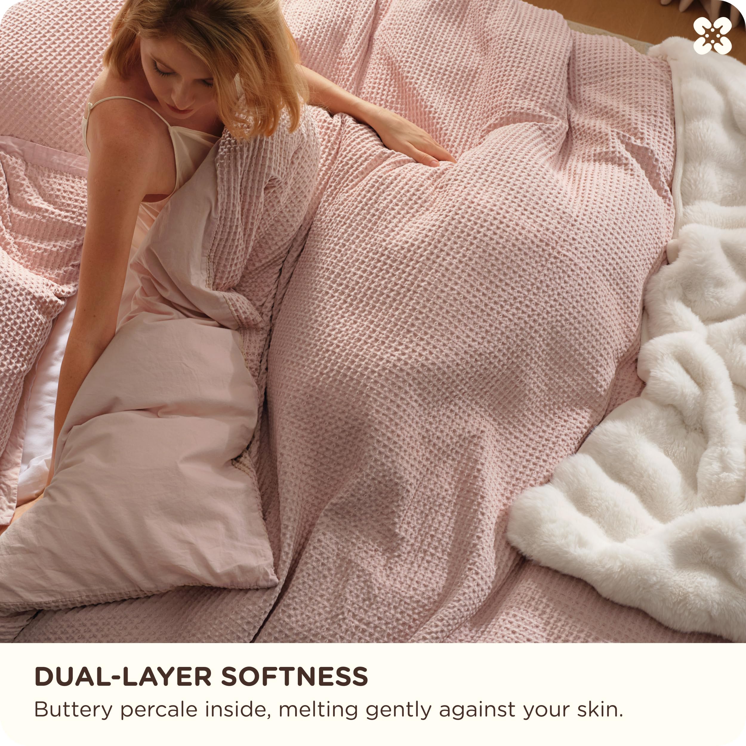 Bedsure GentleSoft™ - Funda de edredón de algodón 100 % algodón tejido gofre, color rosa, tamaño Queen, juego de ropa de cama transpirable para todas las estaciones, 3 piezas, 90 x 90 pulgadas