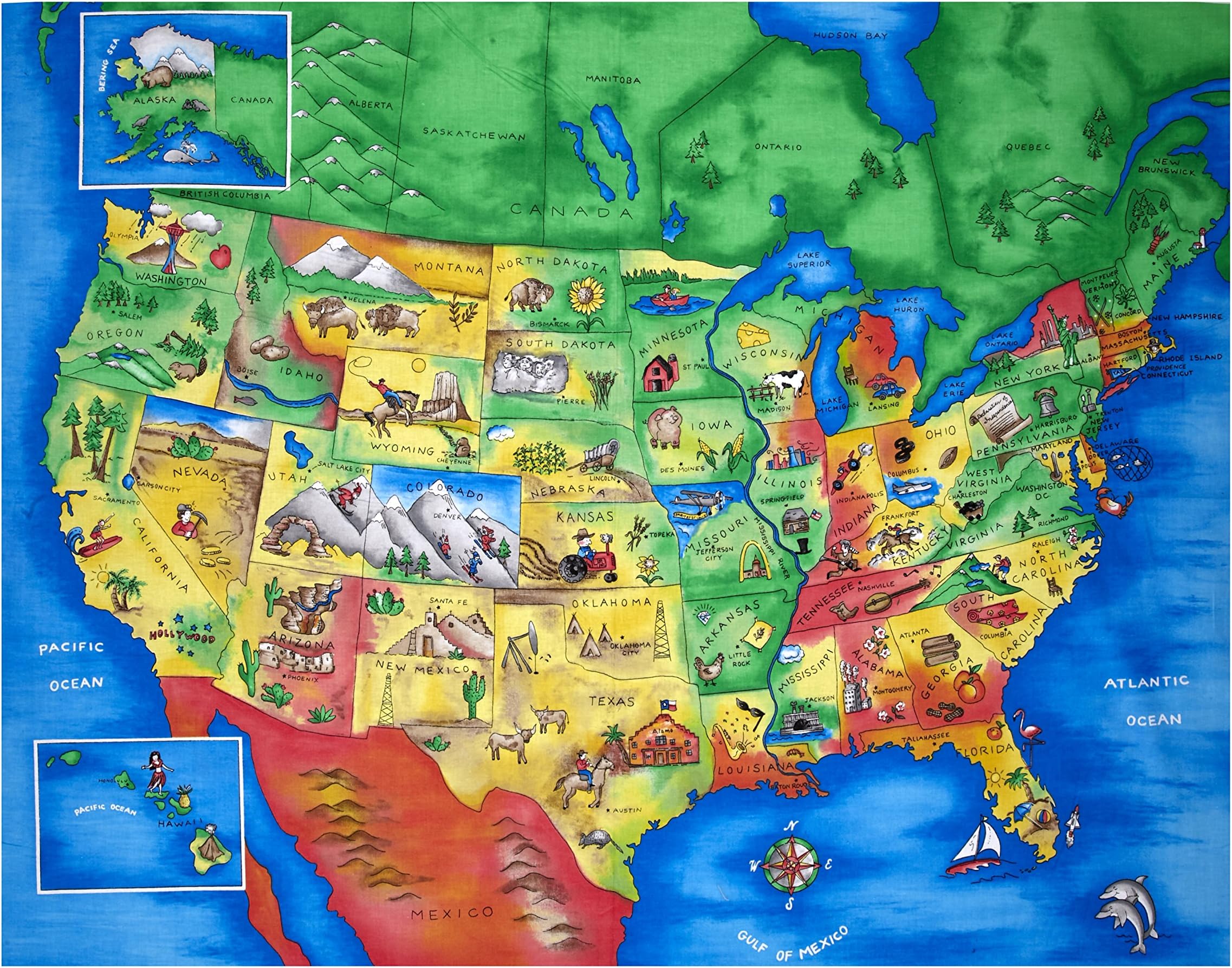 Quilt Fabric Traditions "Map of the United States 35.5in Panel Multi Quilt Fabric" Quilt Fabric, Gold/Red/Black