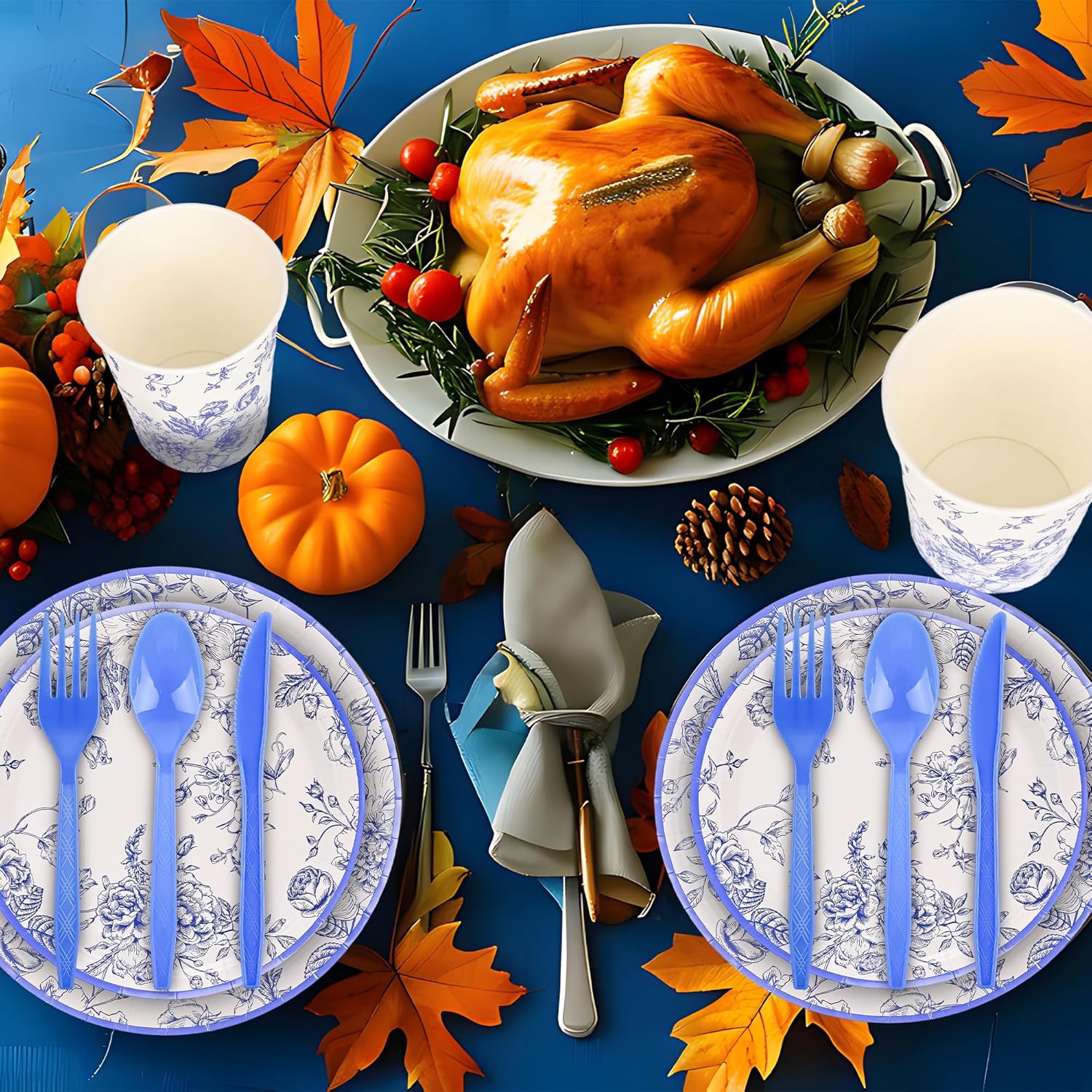 175Pcs Blue Floral Paper Plates and Napkins 25 Guests Blue Toile Chinoiserie Party Supplies Set Include Plates Napkins Cups Spoons Forks Knives for Birthday Wedding