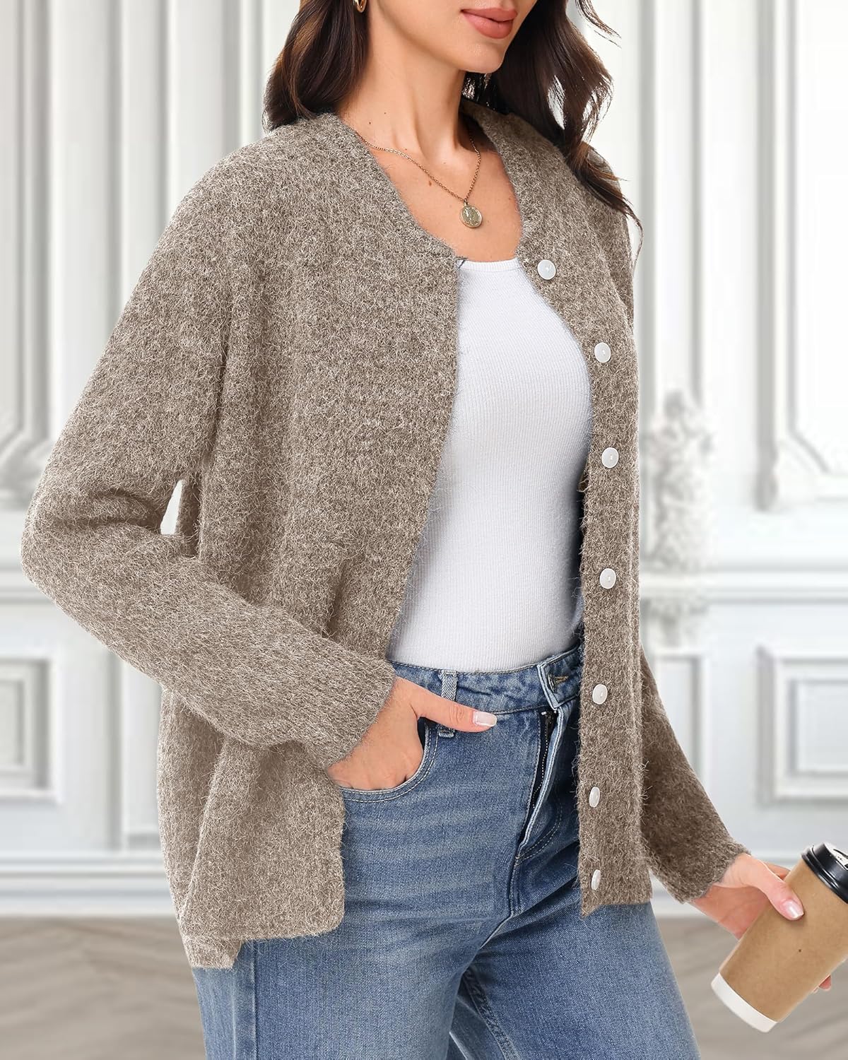 Women's Long Sleeve Sweater Cardigan Button Down Crew Neck Lightweight Cardigan Fall Open Front Loose Knit Sweater - Image 3