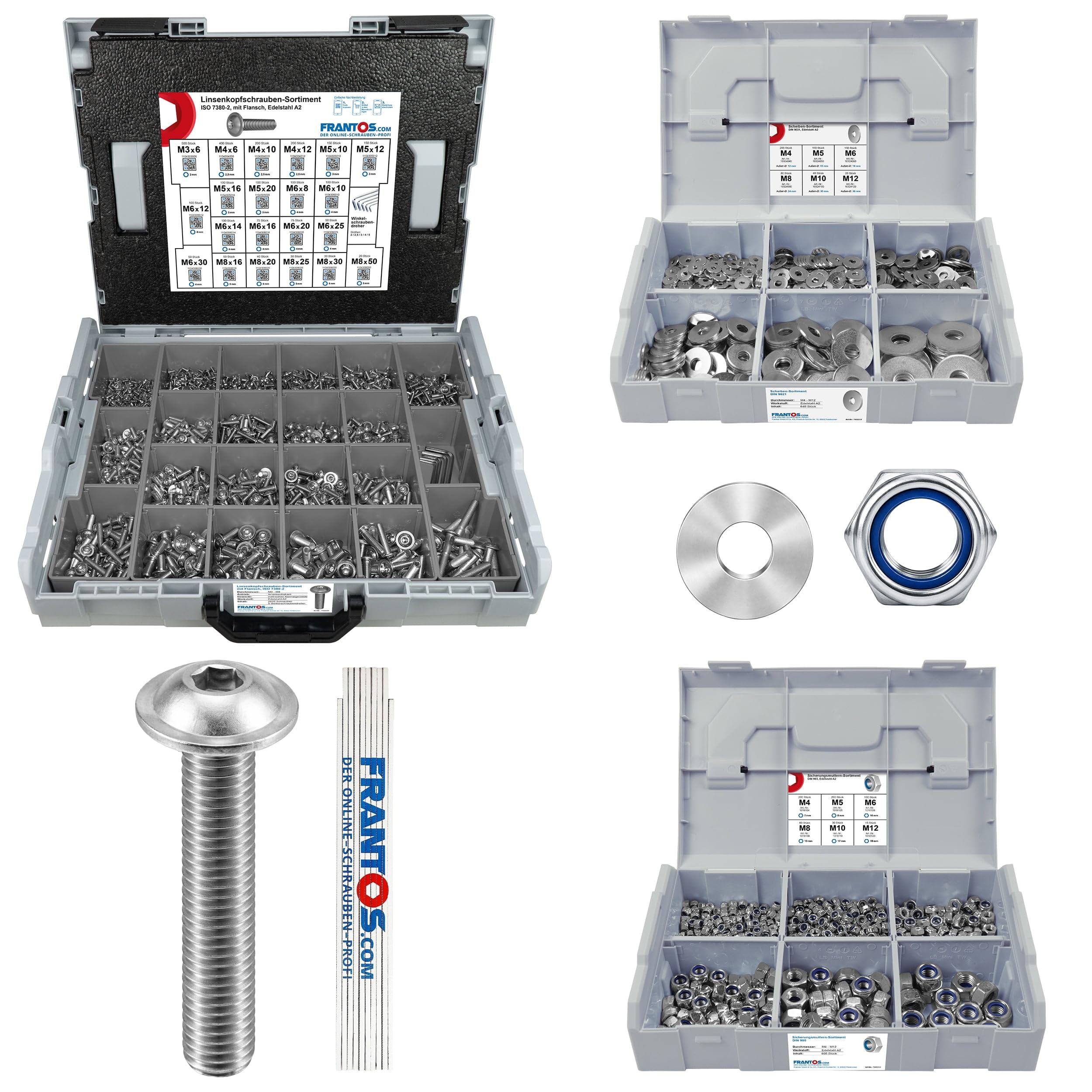 FRANTOS XXL Linsenkopfschrauben Set mit Muttern 3870-tlg (Edelstahl A2) in L-BOXX & L-BOXX Mini, Schrauben mit Flansch ISO 7380-2, Unterlegscheiben DIN 9021, Sicherungsmuttern DIN 985 INKL. Meterstab