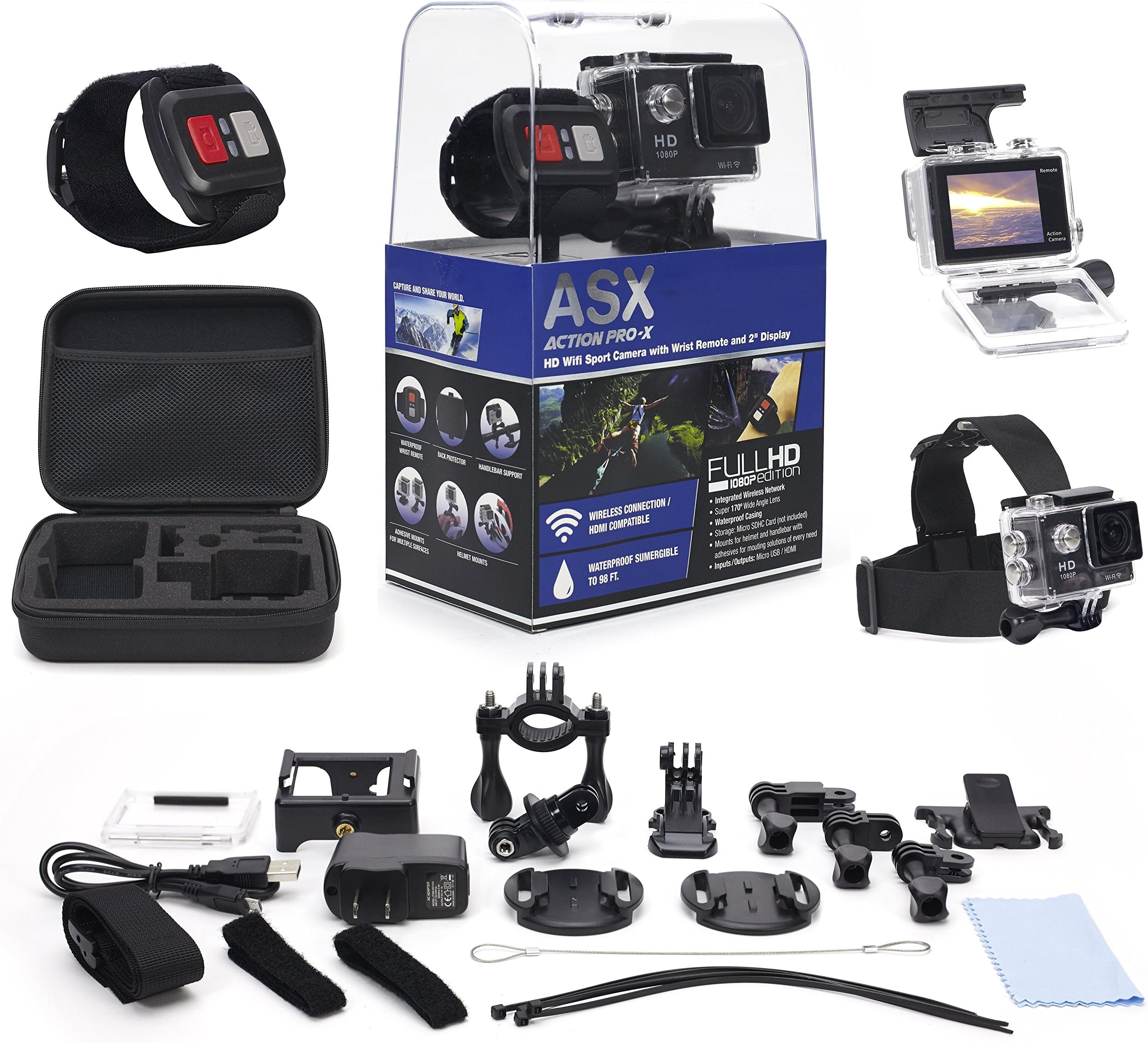 ASX ActionPro-X w/Waterproof Wrist Remote - Full 1080p HD WiFi Sports Cam - Carrying Case - 2 inch Screen - Head Strap - 20 Accessories Included (Black)