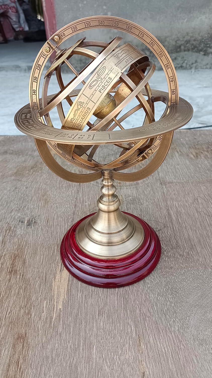 Decorative Brass Armillary Sphere, 18th Century Style Astronomical Globe with Wooden Base