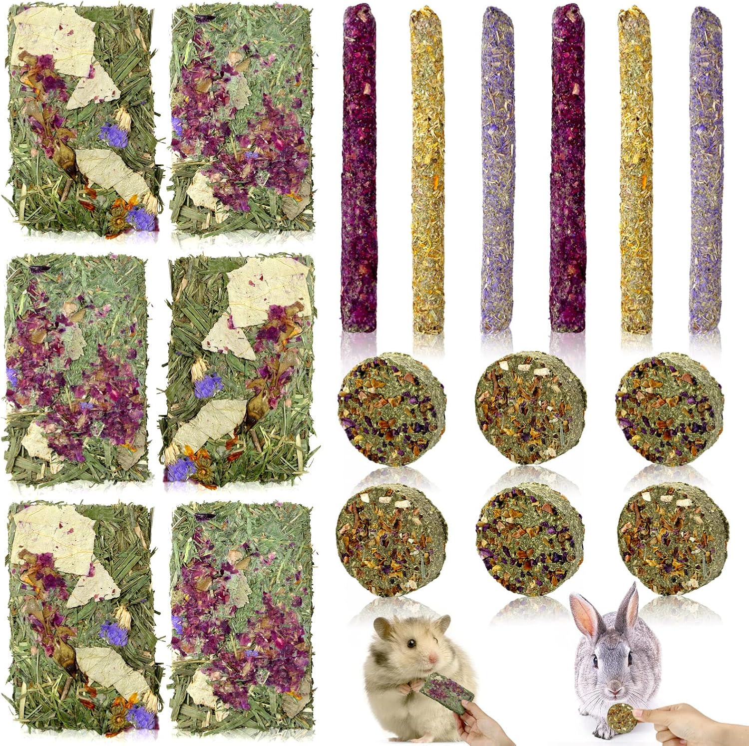 Vmiapxo 18 Pcs Rabbit Chew Toys, Natural Herbal Floral Scent Snacks, Timothy Hay Toys for Teeth, Chewable Toys for Hamsters Bunny Guinea…