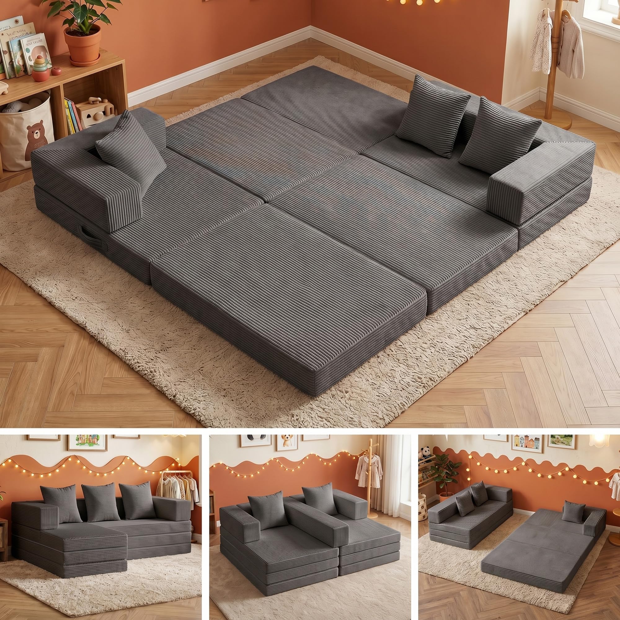 6-in-1 Tri-Folding Mattress | Cloud Boneless L-Shaped Modular Sectional Couches | Corduroy Pet-Friendly Convertible Futon Sofa Bed with 800LB Capacity Apartment, Guest Room, Game Room