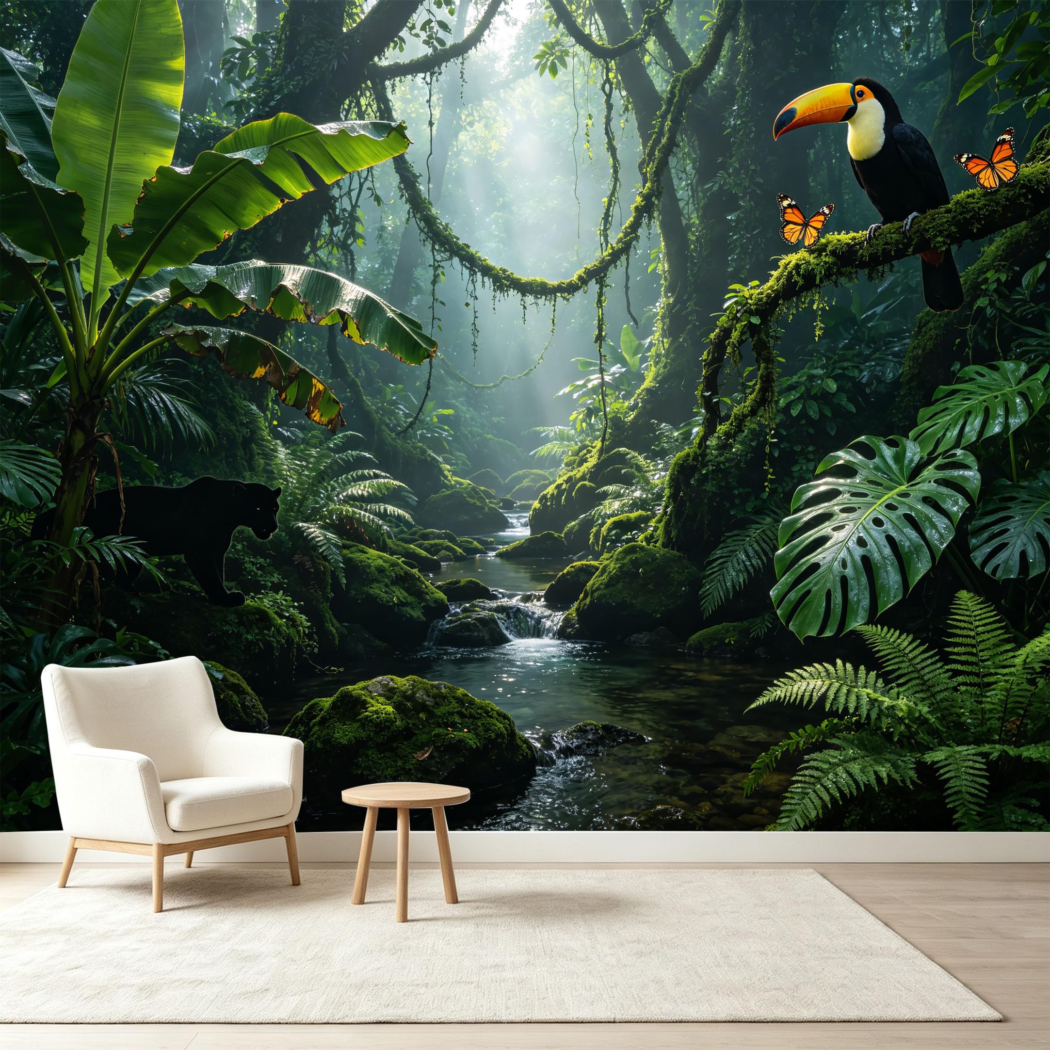 Custom Size Wall Murals Tropical Jungle Rainforest Wildlife Toucan Black Panther Stream Self-Adhesive Wall Fabric Removable Wallpaper Wall Decor for Living Room Bedroom Bathroom
