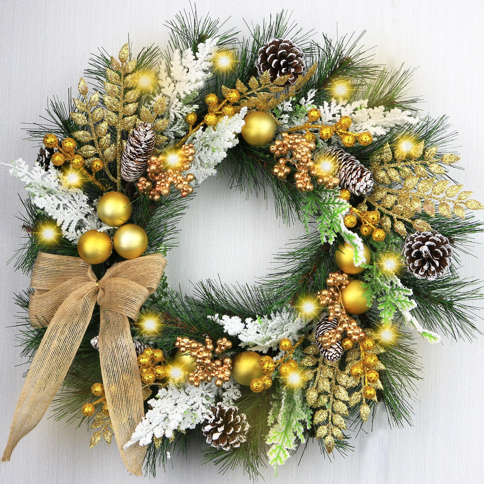 Large Christmas Wreath with Lights, 22 Inch Battery Operated Pre lit Gold Christmas Wreaths and Garland for Front Door Outdoor Indoor Windows Kitchen cabinets Car Pine Wreath Decor