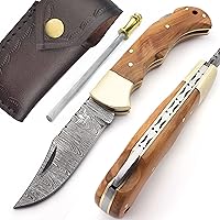 Vista 14 de Cuchillo de bolsillo de damasco Lara Eagle para hombres - Cuchillo plegable de caza de 133 capas de acero sólido hecho a mano con afilador y funda