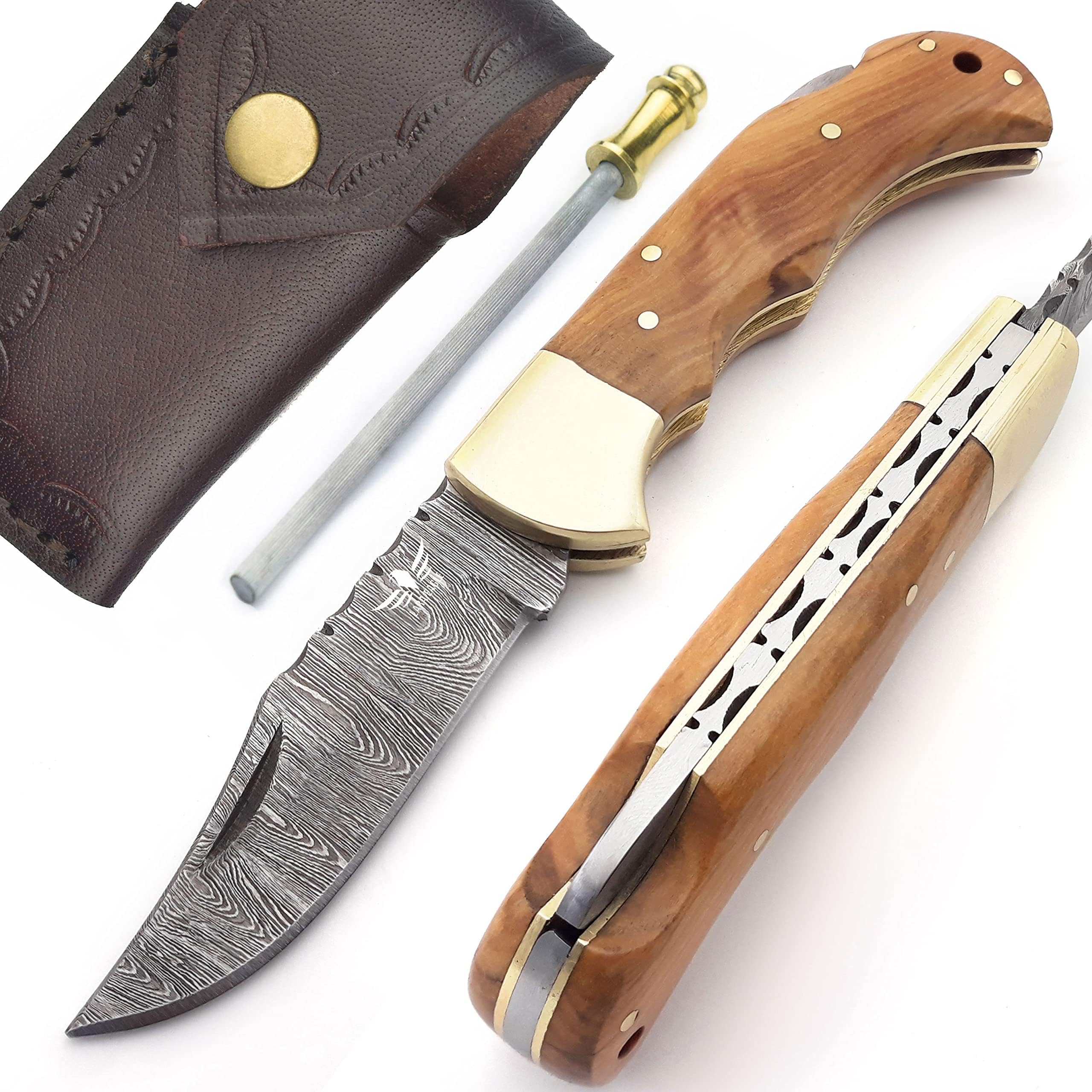Lara Eagle Damascus Pocket Knife for Men - 133 Layer Solid Steel Handmade Folding Hunting Knives with Sharpner and Leather Pouch - Best Knife for Camping Hunting Hiking - Father’s Day Gifts for Men Husband Dad (Olivewood)