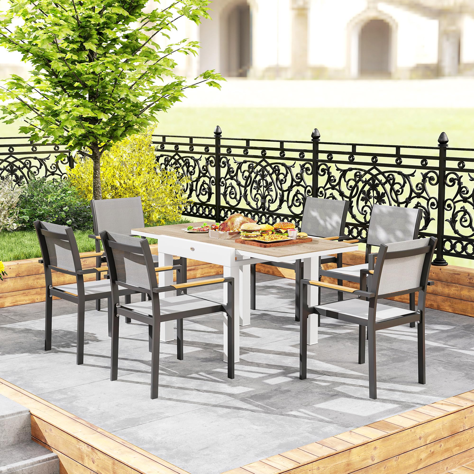 Outsunny Tavolo da Giardino Allungabile da 80/160x80x75 cm, Tavola da Pranzo Estensibile per 4-6 Persone Rettangolare in Alluminio con Piano in PSPC, Per Patio, Terrazzo, Balcone ed Esterno, Bianco