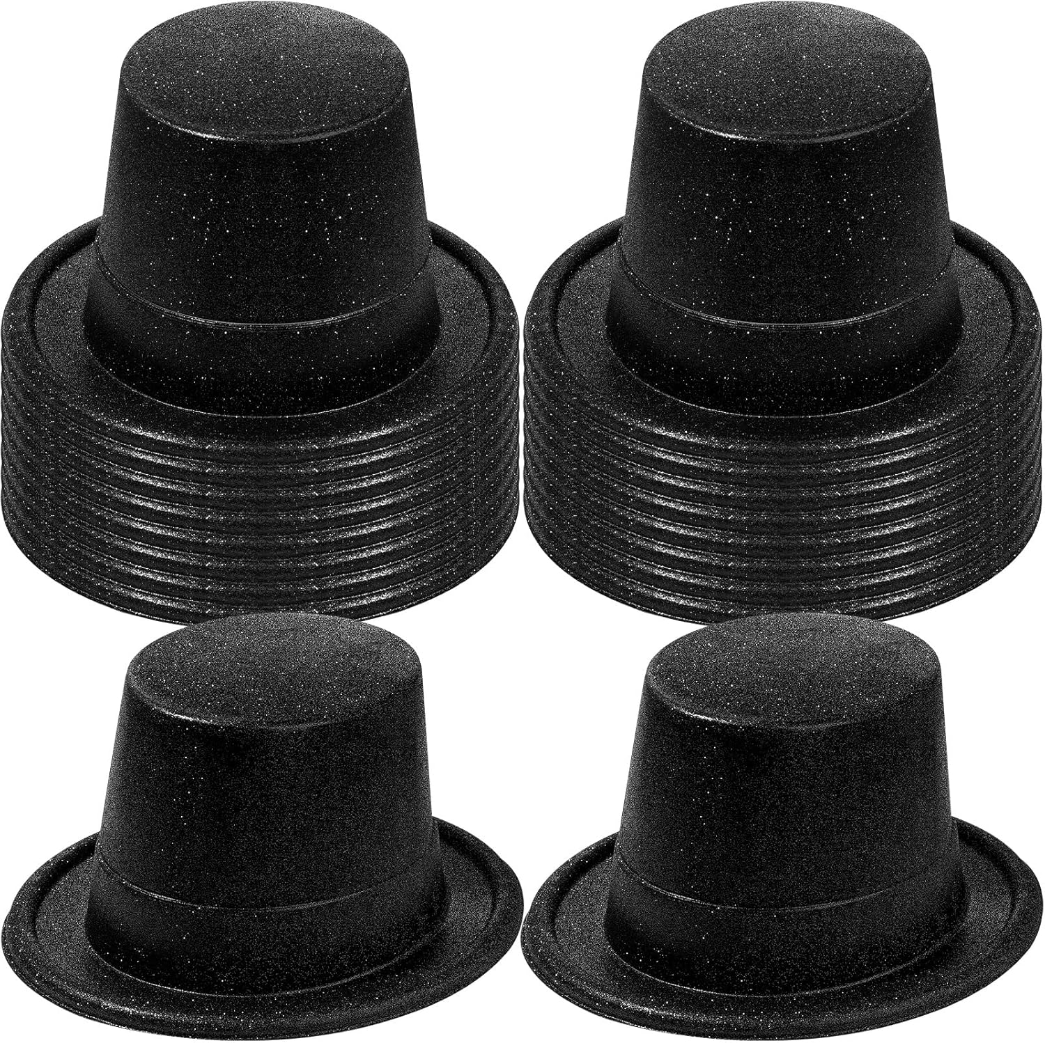 Hillban 50 Pack Glitter Top Hats Bulk Happy New Year Plastic Shiny Magician Top Hat for Kids Adults Costume Party Black